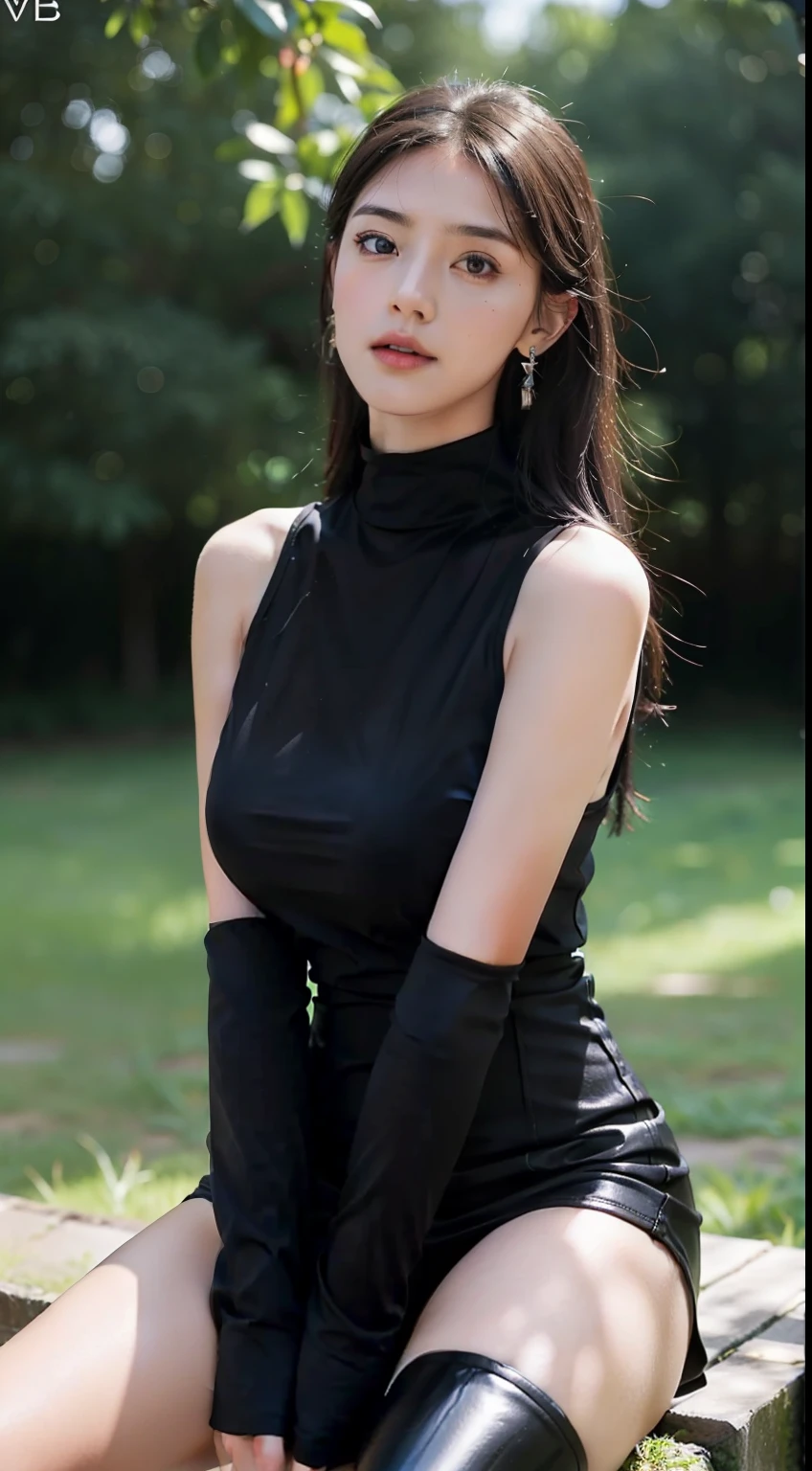 hyper qualit,ulzang-6500-v1.1,(8K,32K,RAWphoto,best qualtiy,Masterpiece,hyper HD:1.3),(reality,Realistic,photo-realistic:1.4),illustration,highdetailskin,Shiny skin,offcial art,hugefilesize,Ultra-detailed,A high resolution,Extremely detailed eyes and face,(1 girl,Solo:1.3),Upper body,See-through,view the viewer,Blush,arms back behind,Five fingers,Outdoors,Depth_af_Field,Soft light,Erotic,Clothing that exposes,Earrings,(Huge breasts:1.1),Open chest,Bare shoulders,Sitting,yor_thorns, Cowboy shot, 1girll, Sweet girl, Bare arms, black short skirt, side locks, two-sided dress, two-sided fabric, Bare shoulders, Bare arms, Sleeveless, Black hair, golden hairband, Blonde, black thighhigns, black thigh boots,