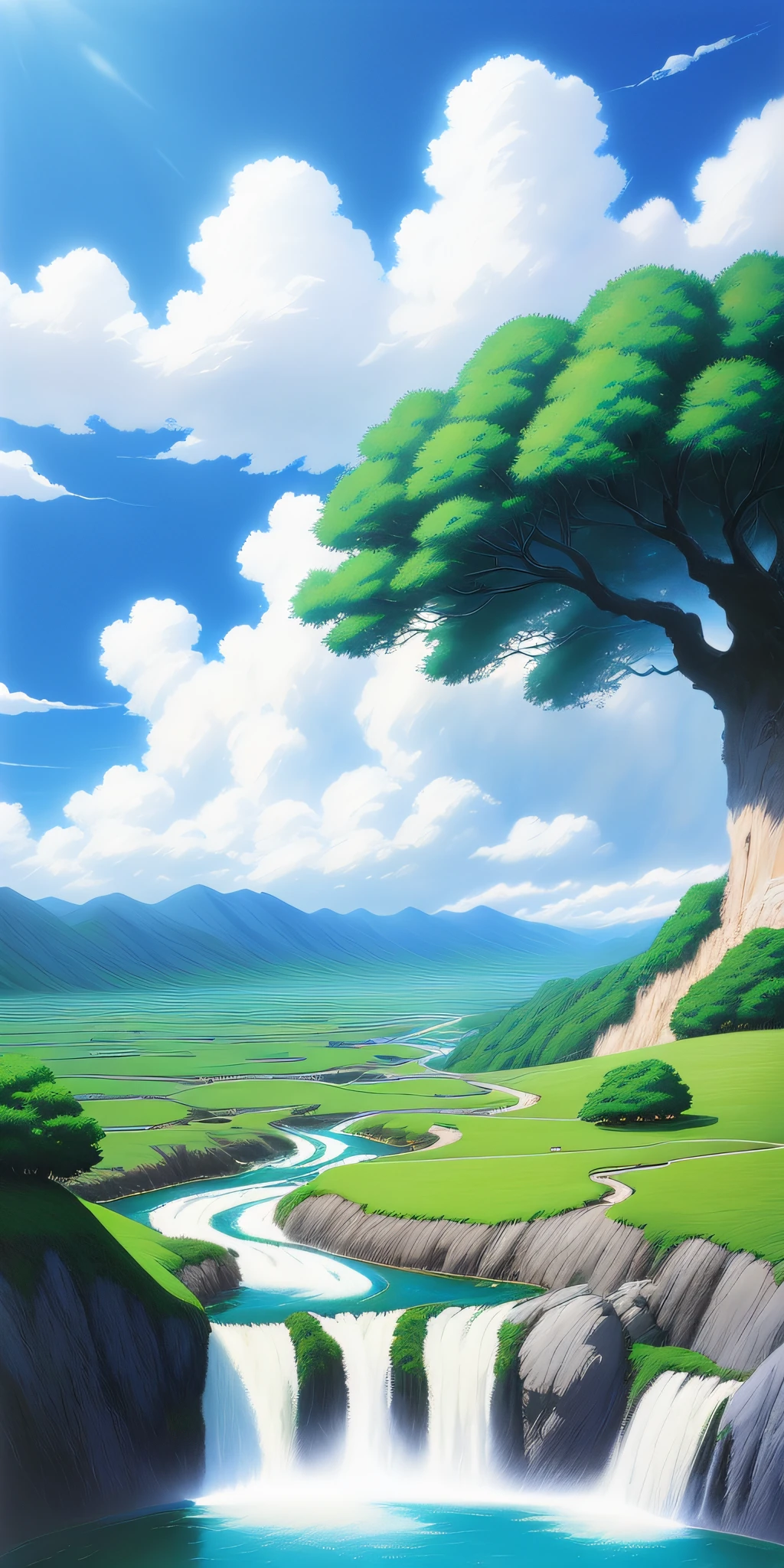 photorealestic，Realiy，Beautiful and amazing landscape painting Ghibli Studio Miyazaki petals steppe with blue sky and white clouds， waterfallr，Sunlight, --v6