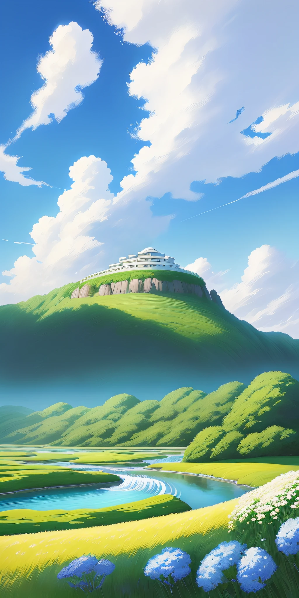 photorealestic,Realiy,Beautiful and amazing landscape painting Ghibli Studio Miyazaki petals steppe with blue sky and white clouds, waterfallr,Sunlight, --v6