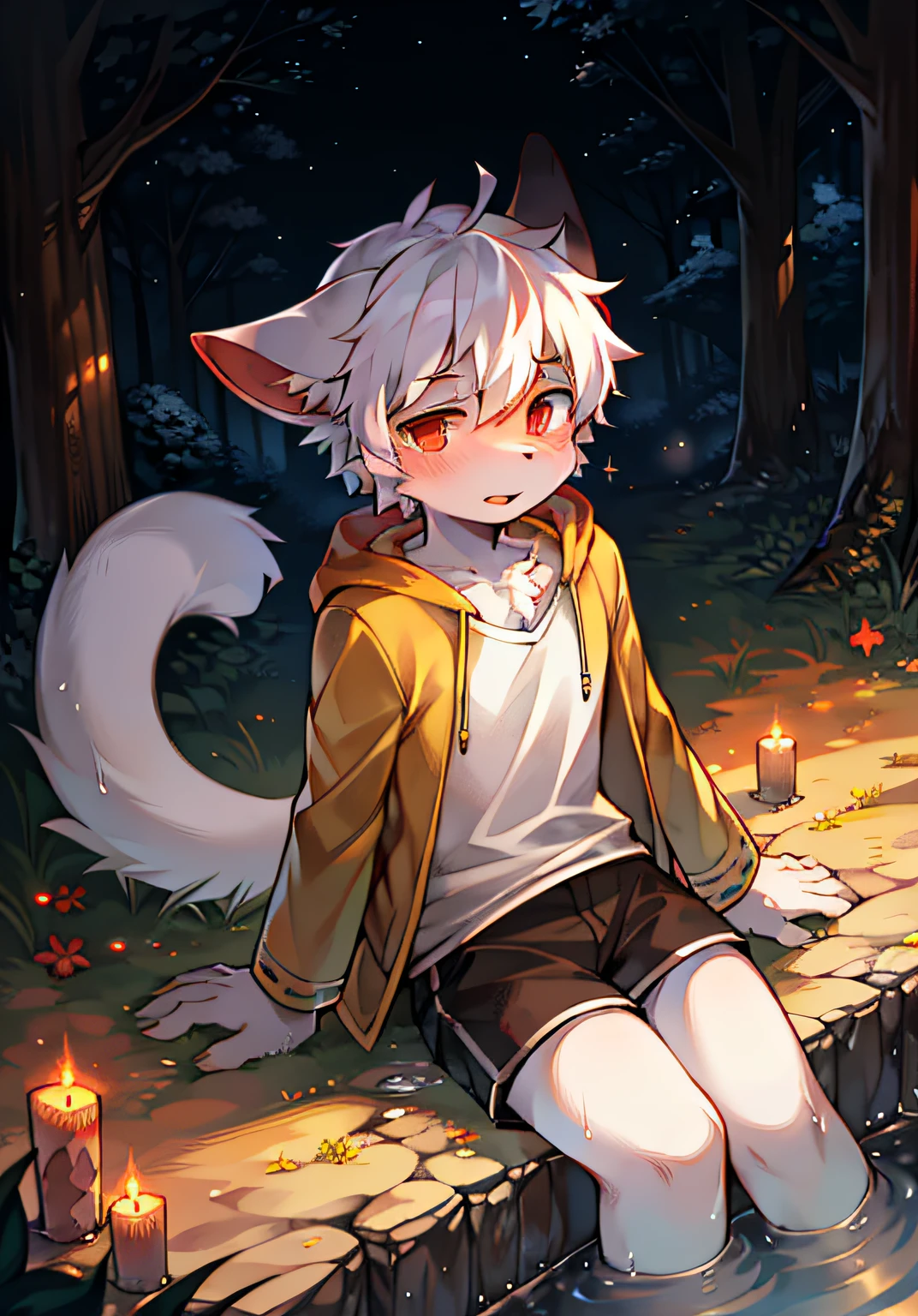 hor ears,Cat-eared type,Big furry tail,High products,Humanity,Cubs,An only boy,ventania,starrysky,Yellow coat,grey shorts,White T-shirt,red color eyes,White hair,the night,the woods,solo person,Sit on grass,is shy,tenten,Drunk,small stream,water play