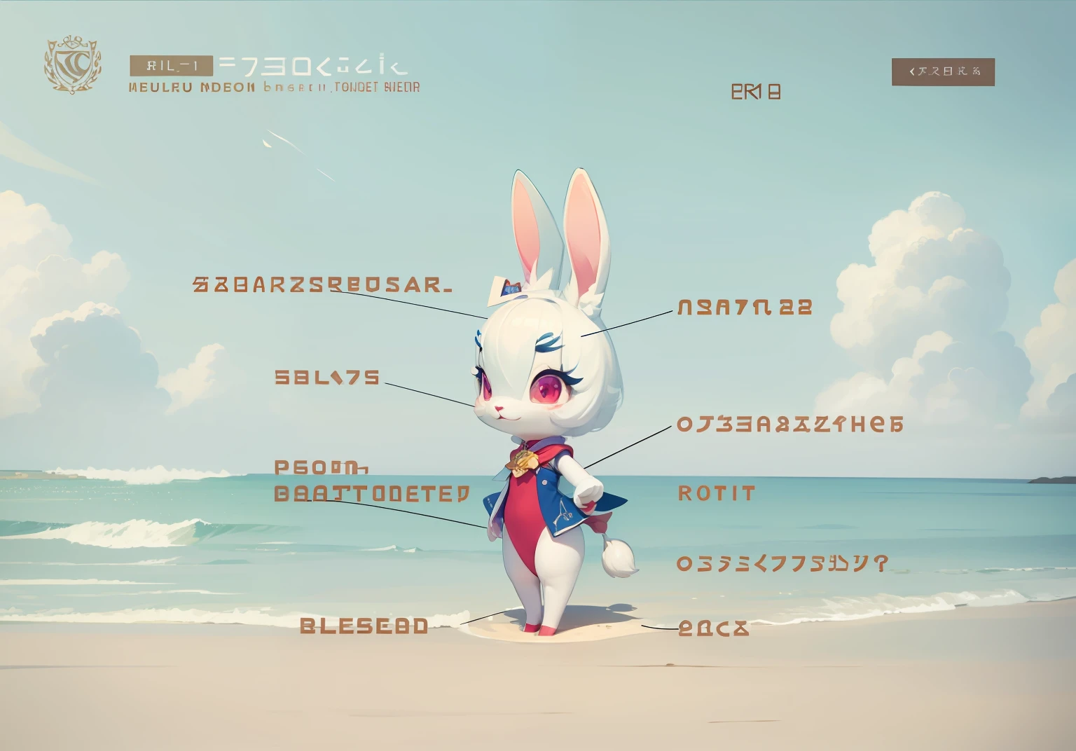 (tmasterpiece,best qualtiy:1.2),illustratio,absurderes,A high resolution,The is very detailed,1 blue rabbit,Long ears,red eyes,Pink dress,Emoji smile,exteriors,full bodyesbian,In the daytime,By the sea,sandbeach,landscape,depth of fields,(:d:0.8),