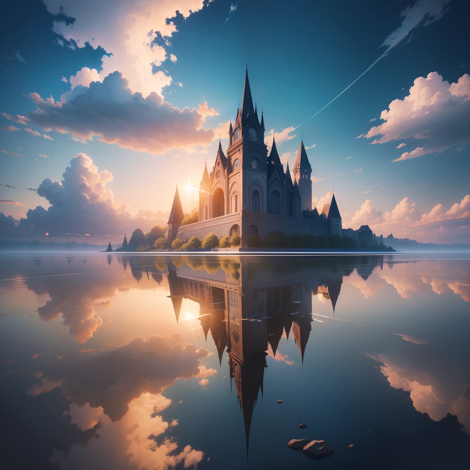 ​masterpiece, top-quality, (extremely detailed CG unified 8k wallpaper) (top-quality), (The best illustrations), (best shade)、Super Meticulous, blue-sky、Variety of clouds、Wonderfully beautiful、nostalgic、Looking up at the sky、Reflection of the Sun、Landscape only