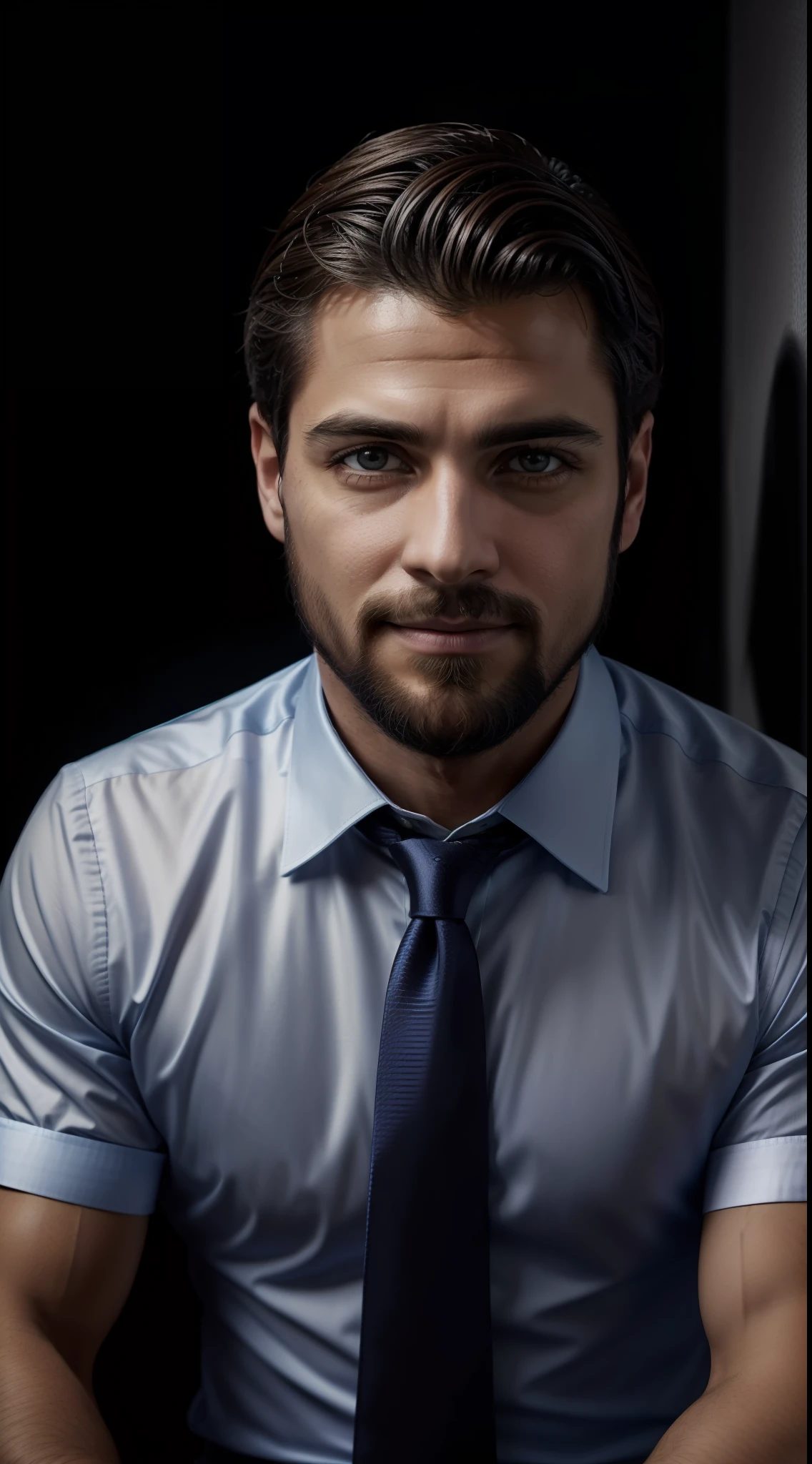1hombre que parece un exitoso hombre de negocios y millonario, Listo para presentar un video motivacional de negocios. Se ve confiado, Charismatic and reliable. Lleva un elegante traje azul marino a medida., with a crisp white shirt and bright red silk tie. Her dark brown hair is perfectly divided on one side. Smiles kindly looking directly at the camera, con una postura abierta y relajada. Holds a wireless microphone in your hand. Behind him is a stage with professional blue wallpaper, y una mesa de cristal con un MacBook abierto, a cup of coffee, and several outstanding books such as The 7 Habits of Highly Effective People. Scenario design conveys authority and inspires the audience to succeed in business and entrepreneurship.., tema oscuro, Ultra Resolution, hiperrealista, HDR, absyrdres, Cinematic shot, vignette, centrado, Distancia focal larga, DSLR, muelle 200 mm, foto por Cristina Otero, estudio oscuro, Rim Lighting, two-color illumination, Poca luz, discreto, Luz de fondo,