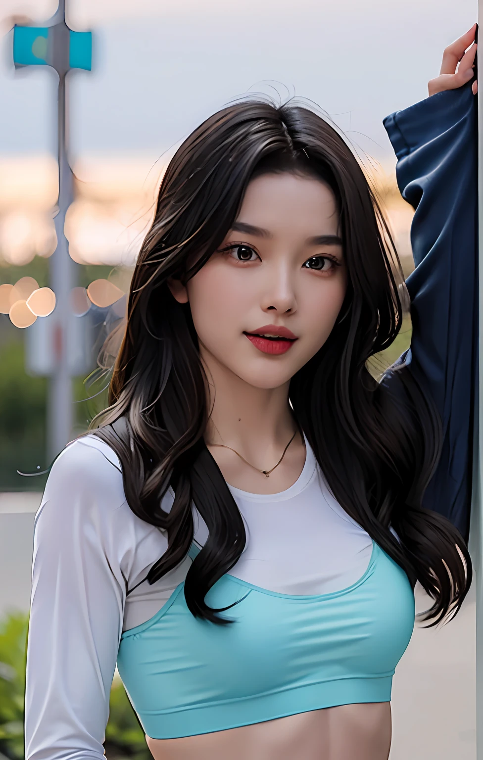 A girl, kneeling on the playground after school, ((full body visible)), far away from viewer.
She is a beautiful, pretty, adorable, cute, young, teen.
She is slim, slender, petite, skinny, (flat chest), (tiny boobs), (small breasts).
She is sweating, wet, soaked. Clothes transparent, sweat on skin, wet hair.
She is grinning, smiling. She looks natural, relaxed, unpretentious.
Trickery face. Making funny faces. (Tongue sticking out), telling a secret, hiding a secret, shy, excited.
She stares, looking at viewer.
She has a black ponytail.
She wears school uniform, a rolled-up white shirt with blue collar,(a colored Corduroy sport bra under shirt), blue shorts, wearing two layers.
shirtlift, . (((She lifts up her shirt, showing off her sports bra underneath))).
Camera focused on her face, light on face, very large aperture, ((f/1.2)), shallow depth-of-field, strong background lens blur, ISO 3000, auto white balance,
Extremely detailed, professional lighting, soft light, raw photo, fashion model for uniqlo,
best quality, masterpiece, award-winning photography, huge filesize, 8k, highres,
shot on Sony DSLR.