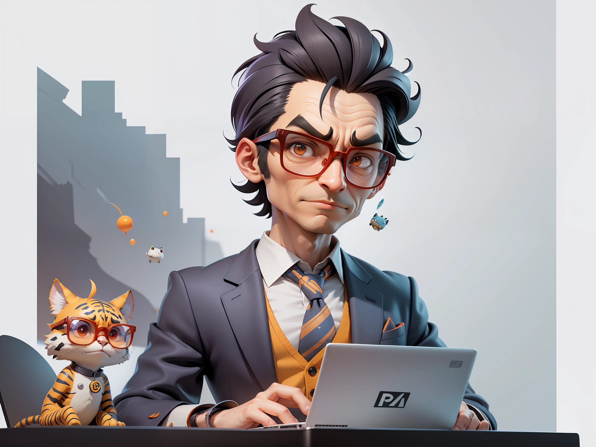 A young man in a suit, Short hair and glasses sat at his desk,holding laptop,digitial painting,tigre,3D character design by Mark Clairen and Pixar and Hayao Miyazaki and Akira Toriyama,4K HD illustration,Very detailed facial features and cartoon-style visuals。