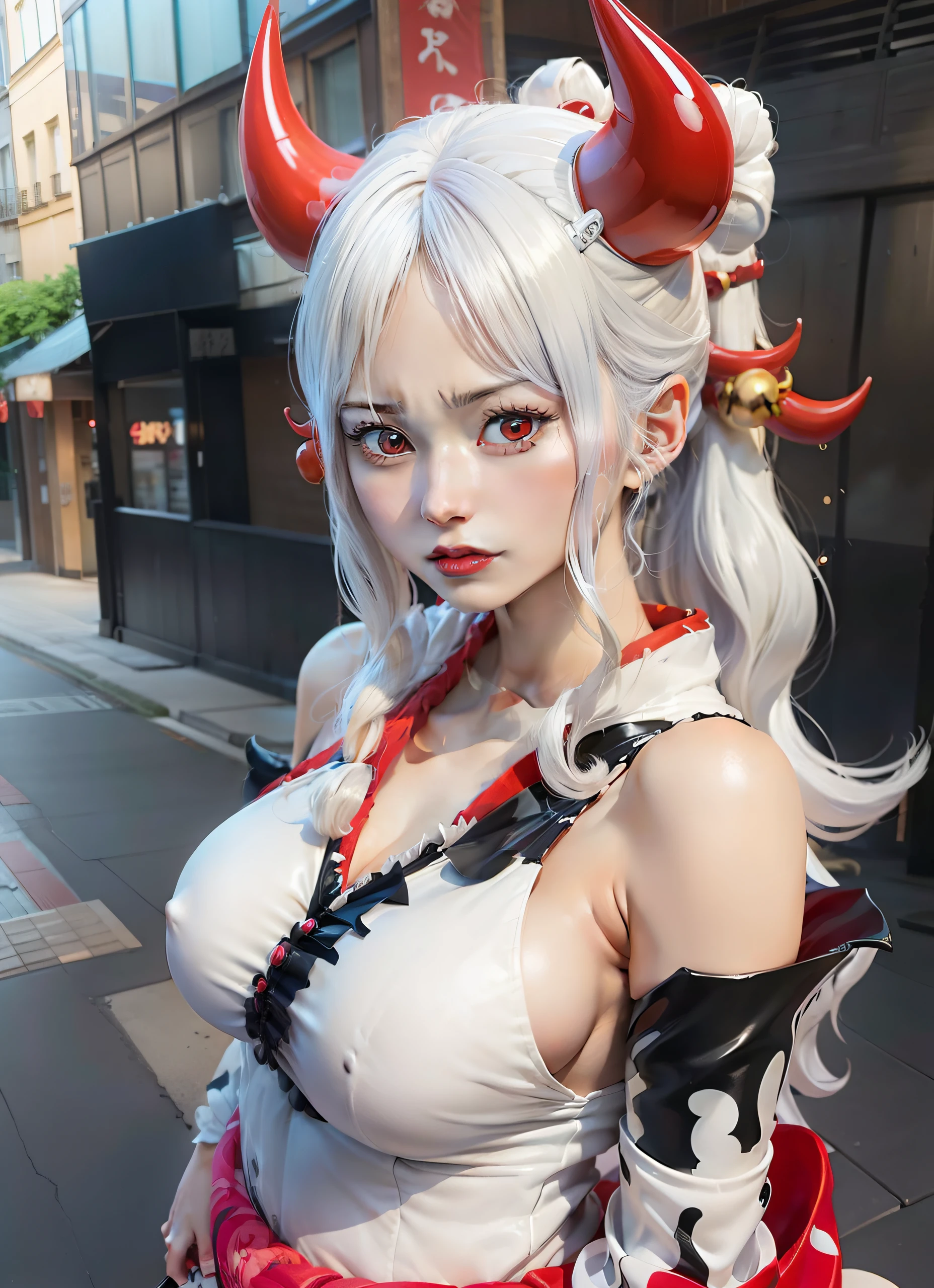 1人の女性(Photos of the city)Cartoon One Piece The heroine of One Piece white hair Colossal tits Colossal tits red horns Demon Horns red eyes Pirate King Yamato One Piece One Piece Heroine Yamato Kawaii Girl drooing eyes Kimono
