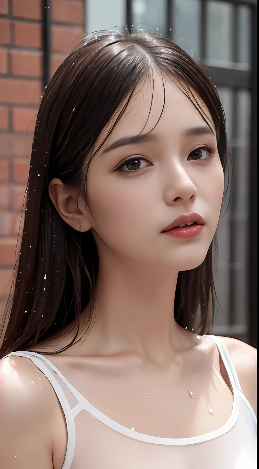 (Best quality, 4k, Masterpiece :1.3), pretty woman, 1girl, sexy :1.1, dark brown hair: 1.1, (rainy wet, wet from rain, wet body :1.2), white tank tops, ultra-detailed face, detailed lips, detailed eyes, double eyelid