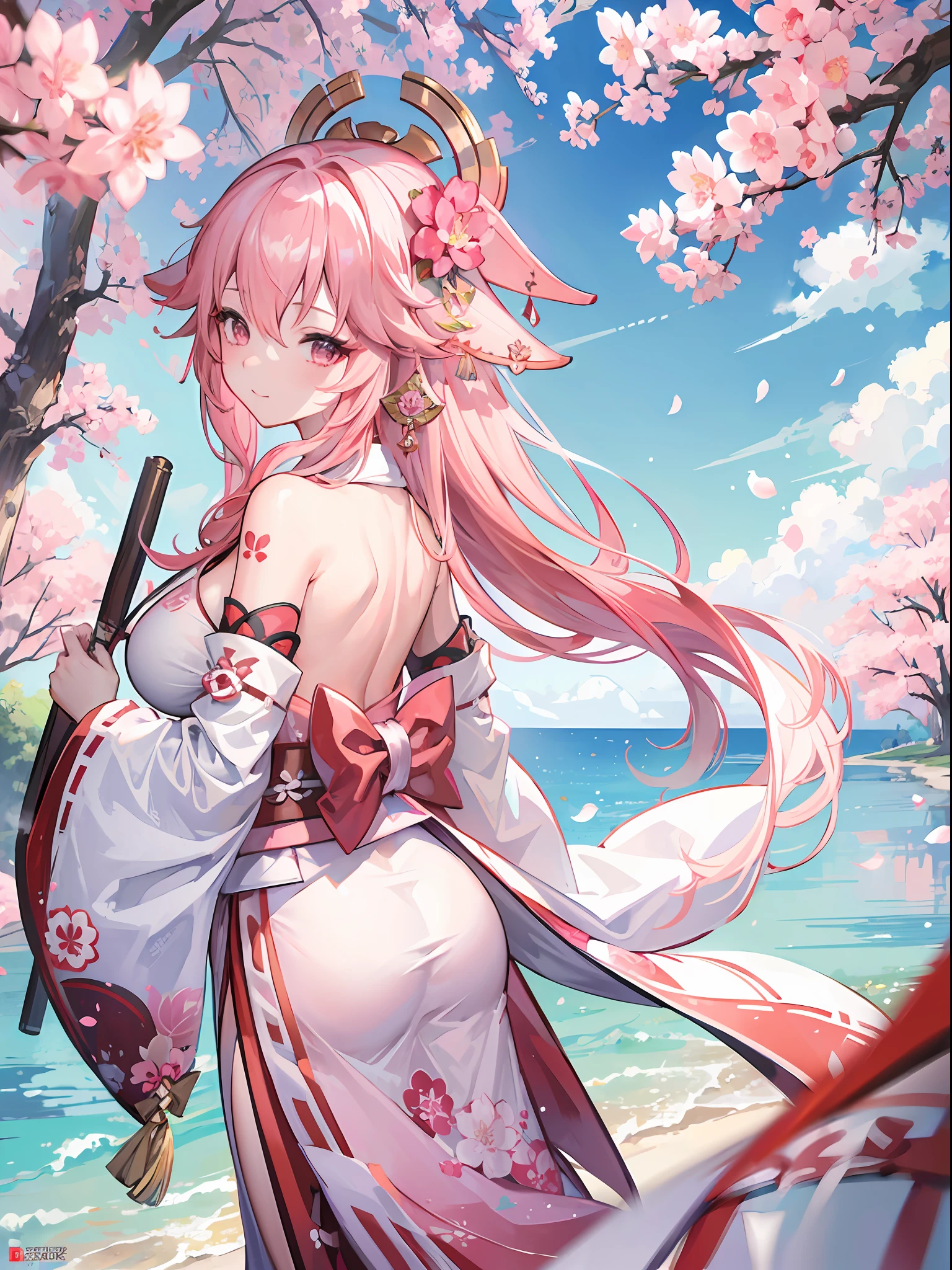 (masterpiece), (best quality), (ultra detailed),(1girl),(illustration), (yae miko ), (pink kimono clothing), sakura tree ,ray tracing, from back, looking at viewer,focus on face,smile, big boobs, long hair,