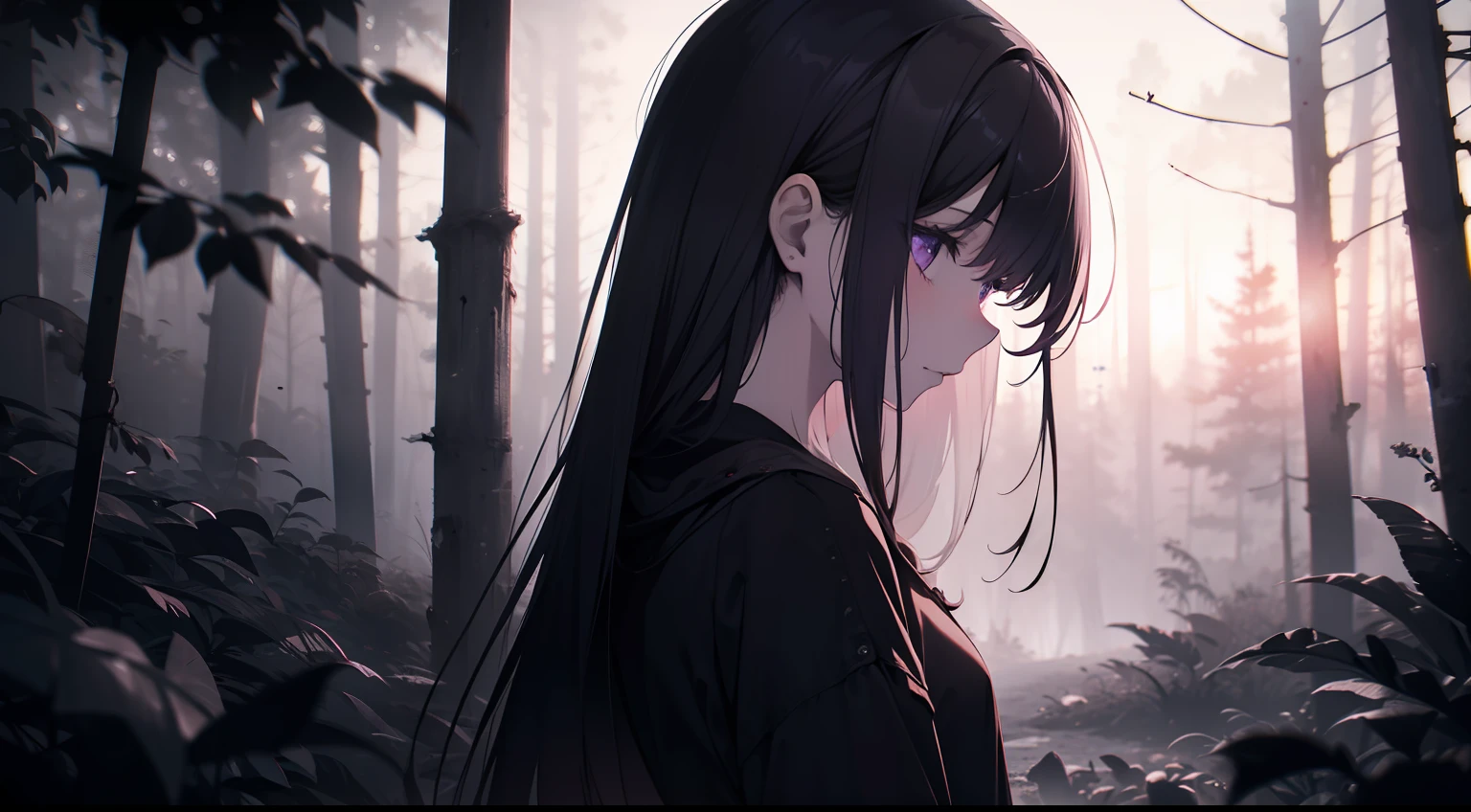 intelligent girl, faded tone, little dark purple tone, cinematic, monochrome, heavily blurred background, from back, ruin, horror tone, serial killer is around, ruin in the forest, foggy, sunset, long shot