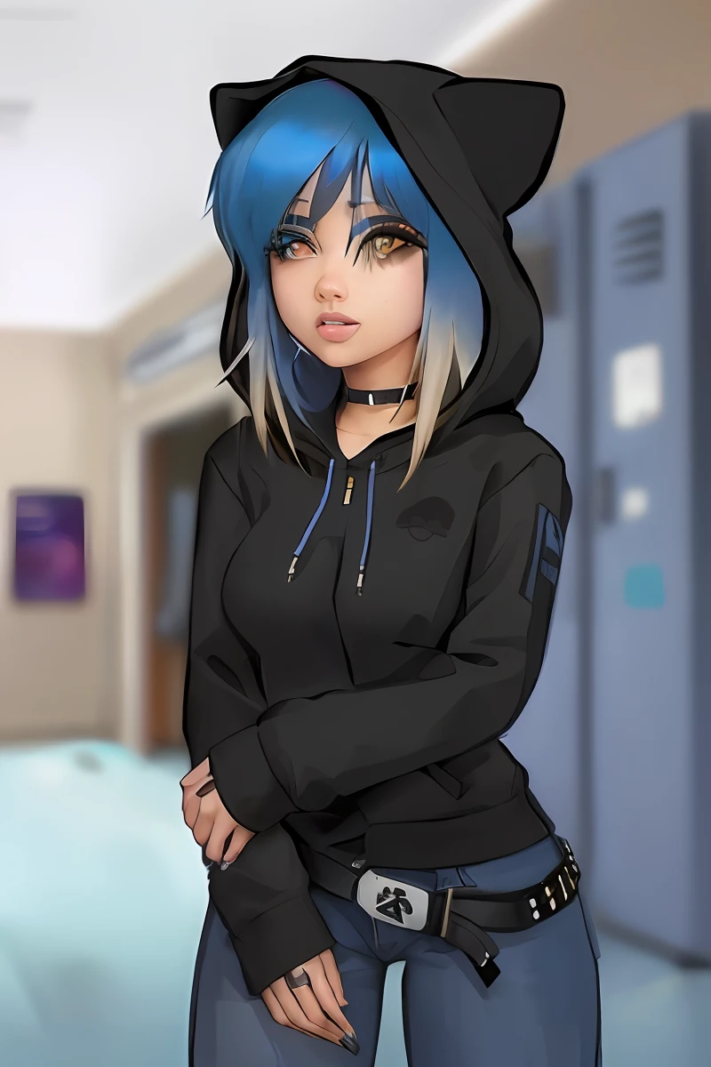 Chica de dibujos animados con cabello azul y sudadera con capucha negra en un pasillo, Estudiante de arte emo alta, Estudiante femenina de arte emo, Chica de anime cyberpunk con sudadera con capucha, Fanart de Urban Girl, Una chica emo, cyber school girl, Chloe Precio, con jeans y una sudadera con capucha negra, en un estilo anime, chica de cabello negro con sudadera con capucha, en una sudadera con capucha, character portrait of me, en estilo anime