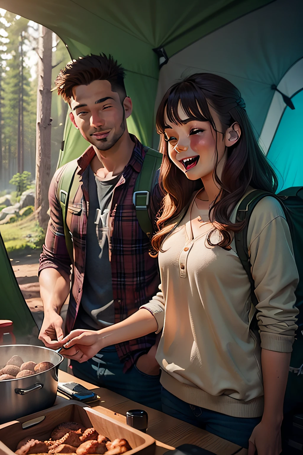 A young couple excitedly prepares for a camping trip deep in the woods, seeking adventure and a romantic getaway.