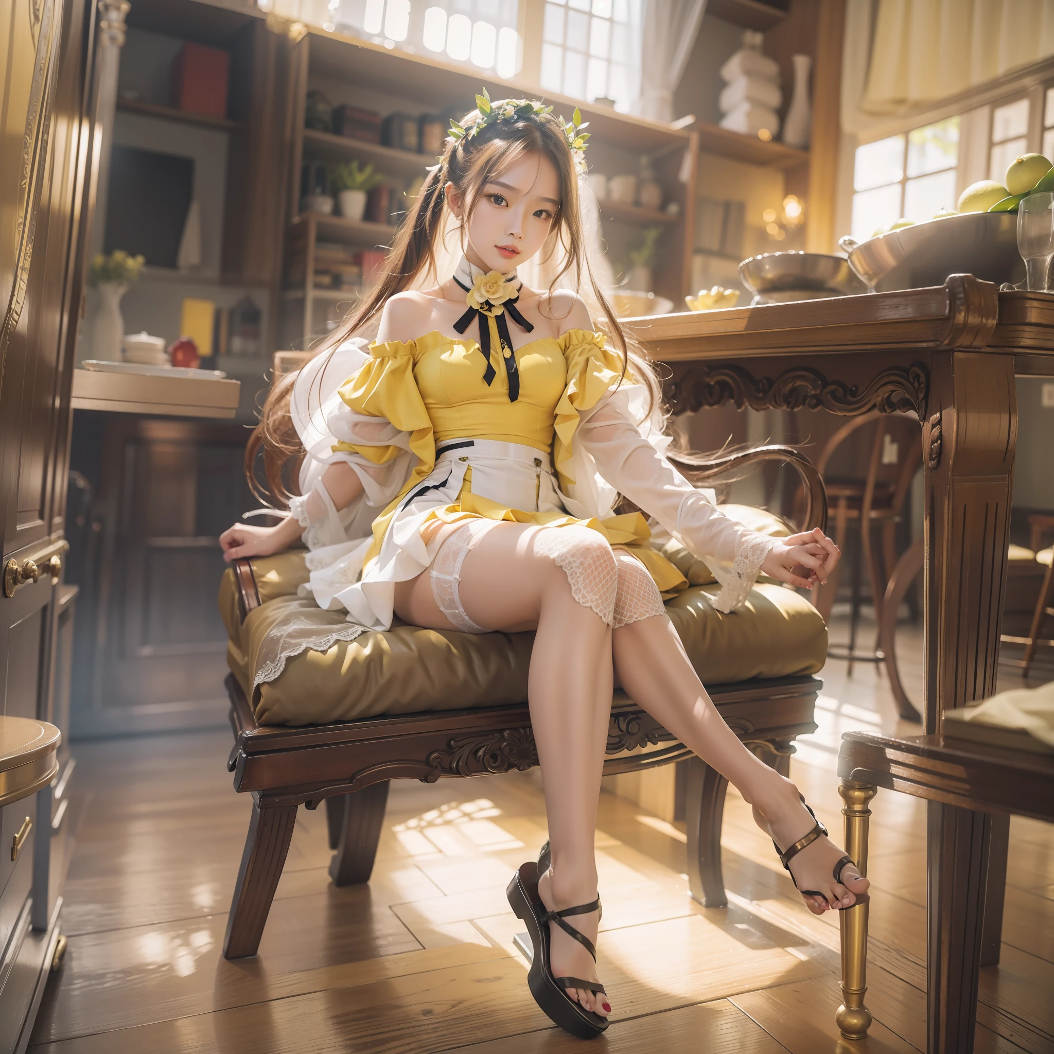 best qualtiy, tmasterpiece, 超高分辨率, (realisticlying:1.4), RAW photogr, 1gir,Yellow evening dress,White suspender stockings,No shoes,Barefoot,Reclining on a barstool
