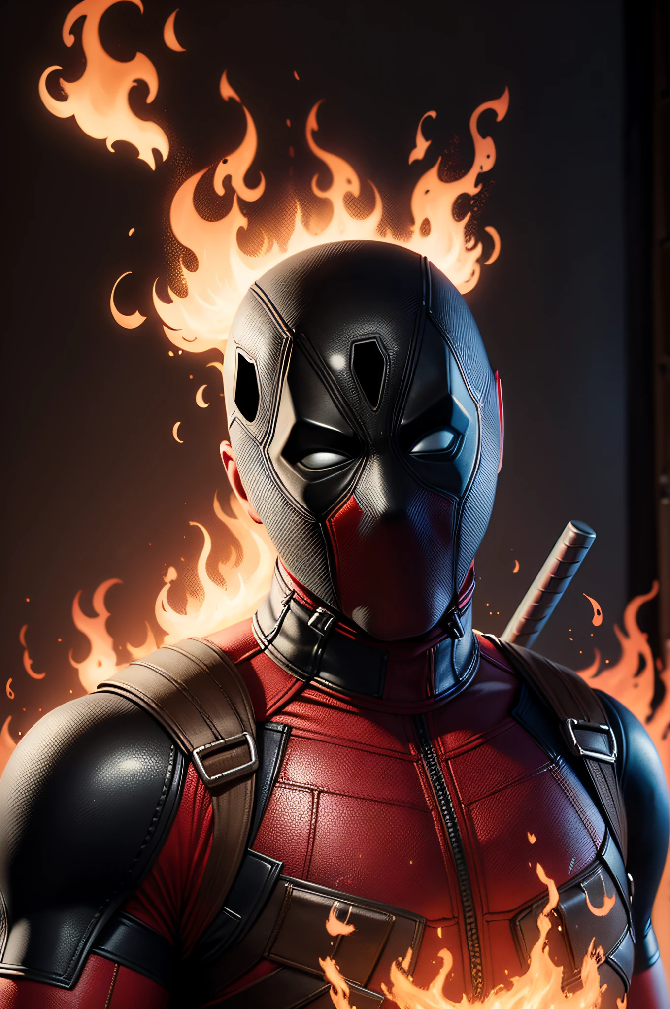 cinematic shot of realistic cute deadpool , surounded by fire, seamless, epic, cinematic, intricate detail, award winning, great lighting, shading, high quality, detailed