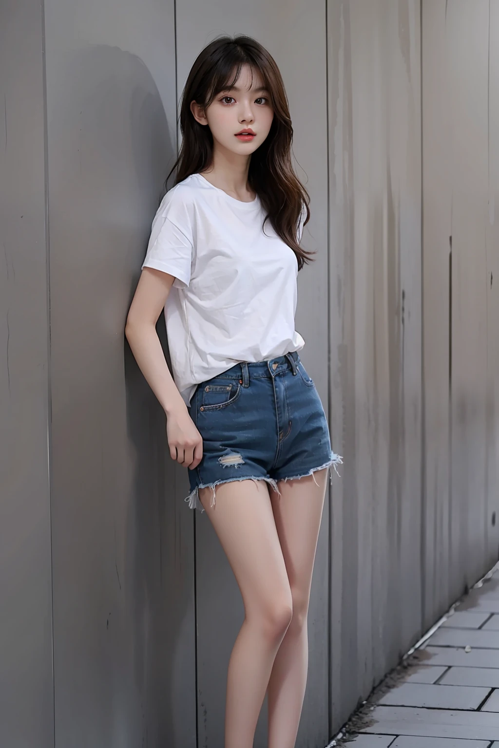 top-quality、Full body portrait、delicated face、18 year old girl、slim figure、JINS、White T-shirt、Petite bust、Tall stand
