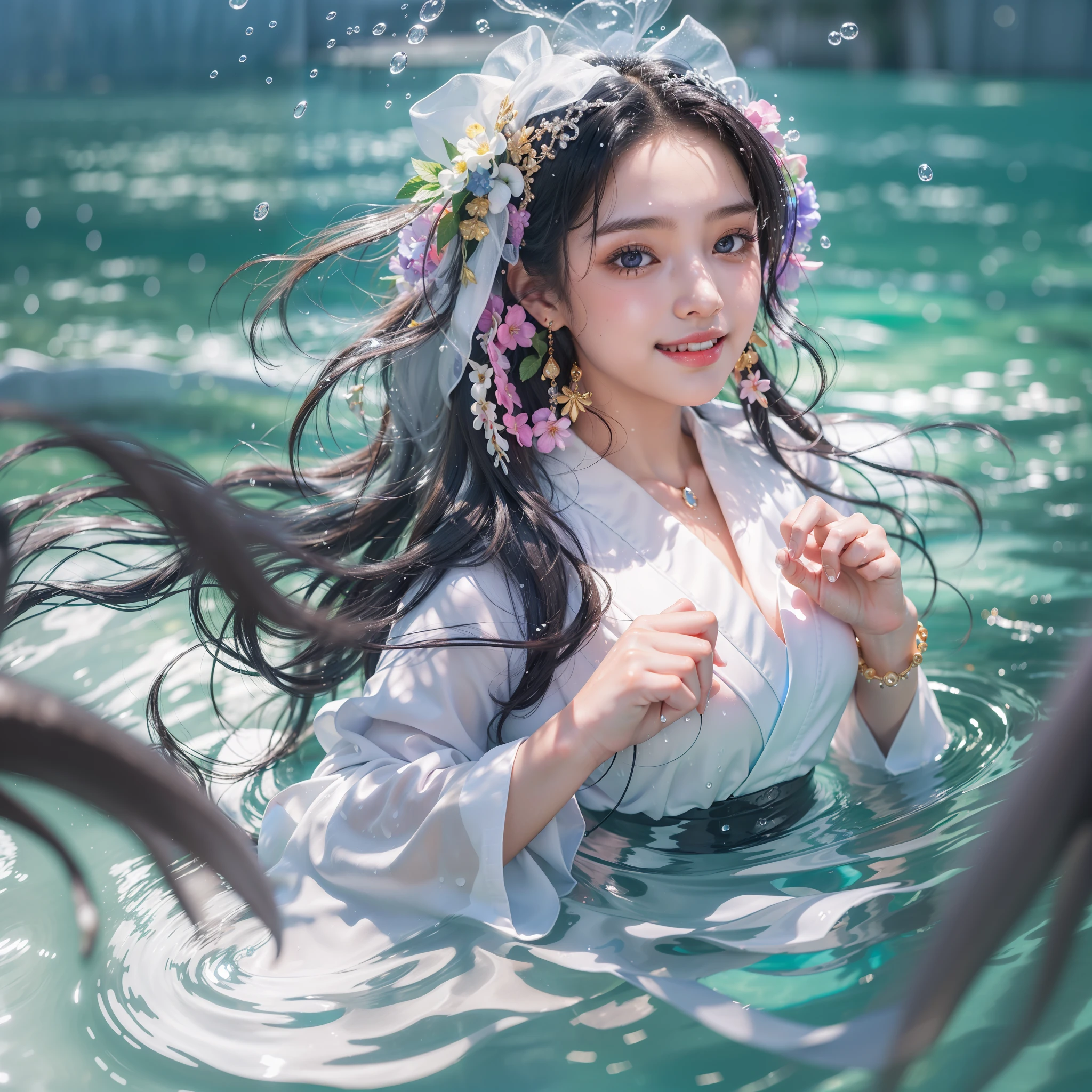 (Masterpiece, side-lighting, fine detailed beautiful eyes: 1.2), Masterpiece*Portrait, Realistic, 3D face, Glossy glossy skin, Solo, 1girll, Water in hand, Multicolored eyes, Lshadow, Black straight hair, Purple eyes, eyeslashes, Blurry, Upper body, Dreamy (1girll, Solo, Looking_at_peeping at the viewer, Smile,bangs,jewelry, Earrings,water,White kimono,shairband,Beautiful detailed sky, Splashing water,Sunlight,(instillation), ( pool),  droplets), (Depth of field),(looks away), Delicate eyes,Sea,Dynamic_Angle,  Clear background