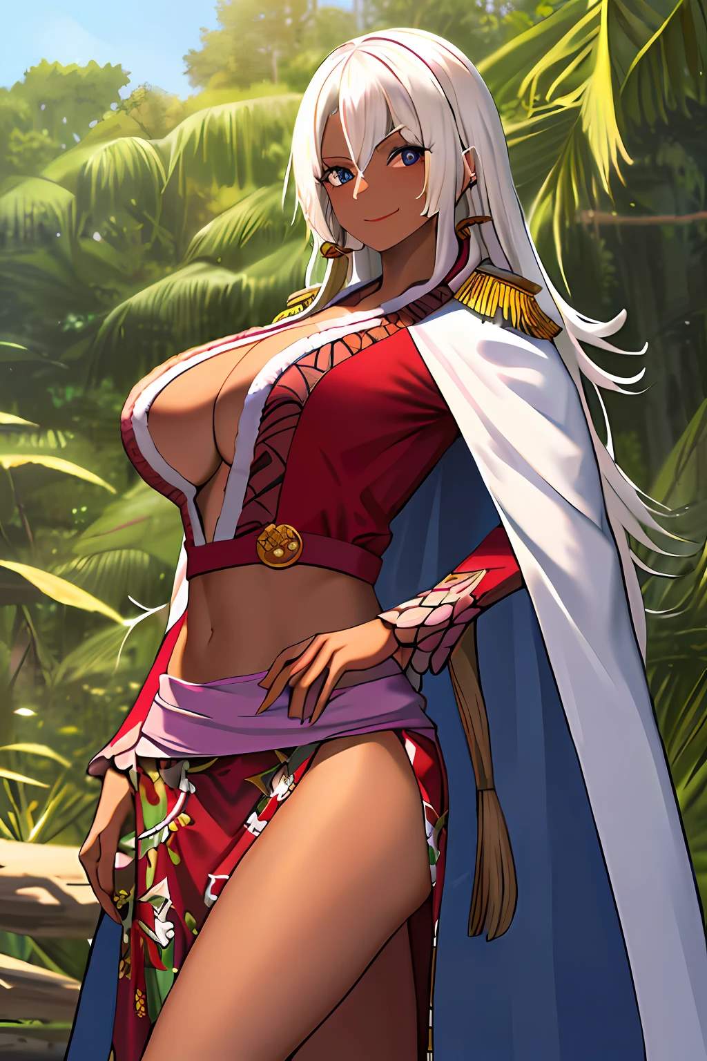 Masterpiece, Top quality, A high resolution, Han Cook, (((1 girl)), boa hancock, Big, Long hair, epaulette, Cape, Crop top, side split, Cowboy shot, standing, Smile, jungles, (((White hair)), Brown skin, (Kizi)), (Sister)), (Kizi)), (Dark-skinned woman with big breasts)))