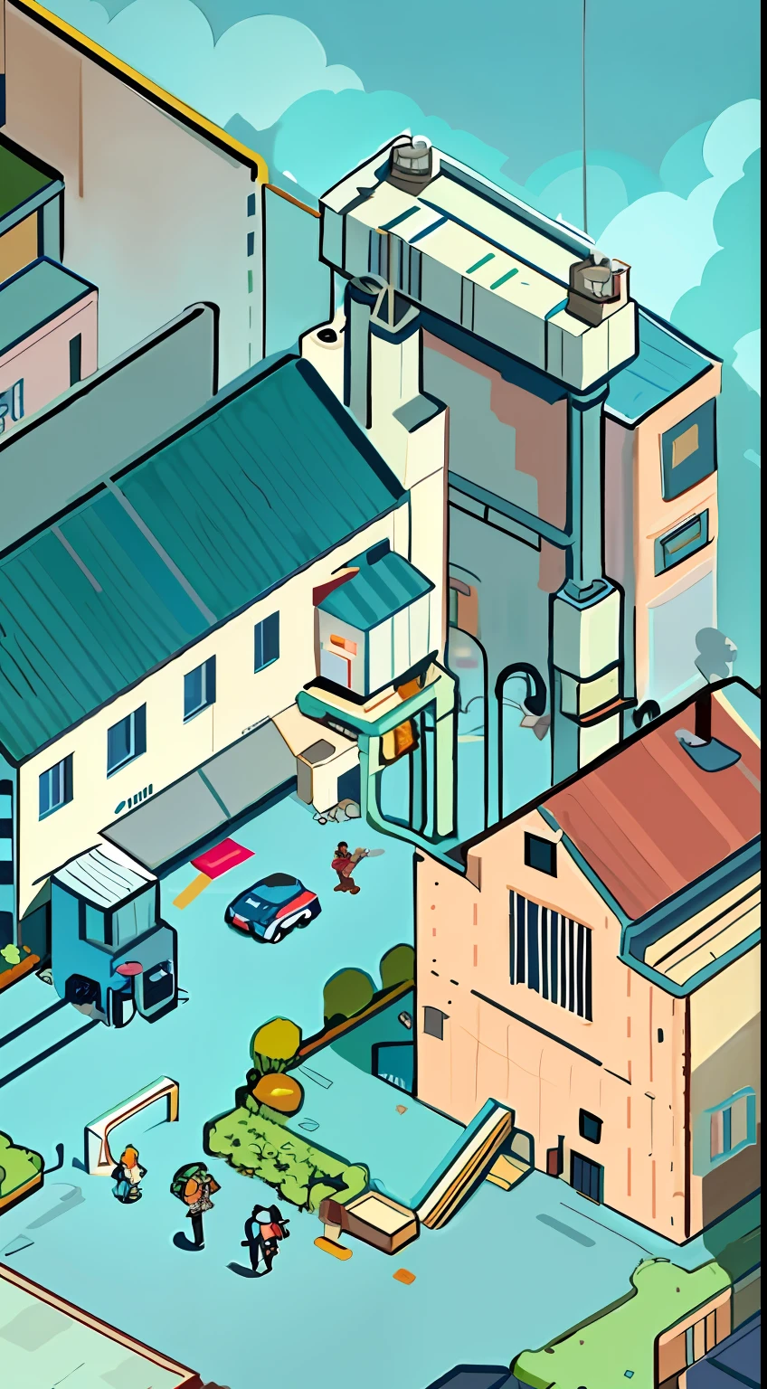 There are illustrations of cartoon cities with factories and cars, machine arm,Gold coins are thrown into the school on the claws of the robotic arm,University School,A group of people walked into the factory,45 degree angle top-down view,Detailed 2D illustration, Factory background, Commercial illustration, detailed digital illustration, aerial illustration, isometric illustration, detailed factory, full page illustration, full-colour illustration, Stylized digital illustration, hyper detail illustration, isometric invironment, environment design illustration, 2d matte illustration, 数字插图 -