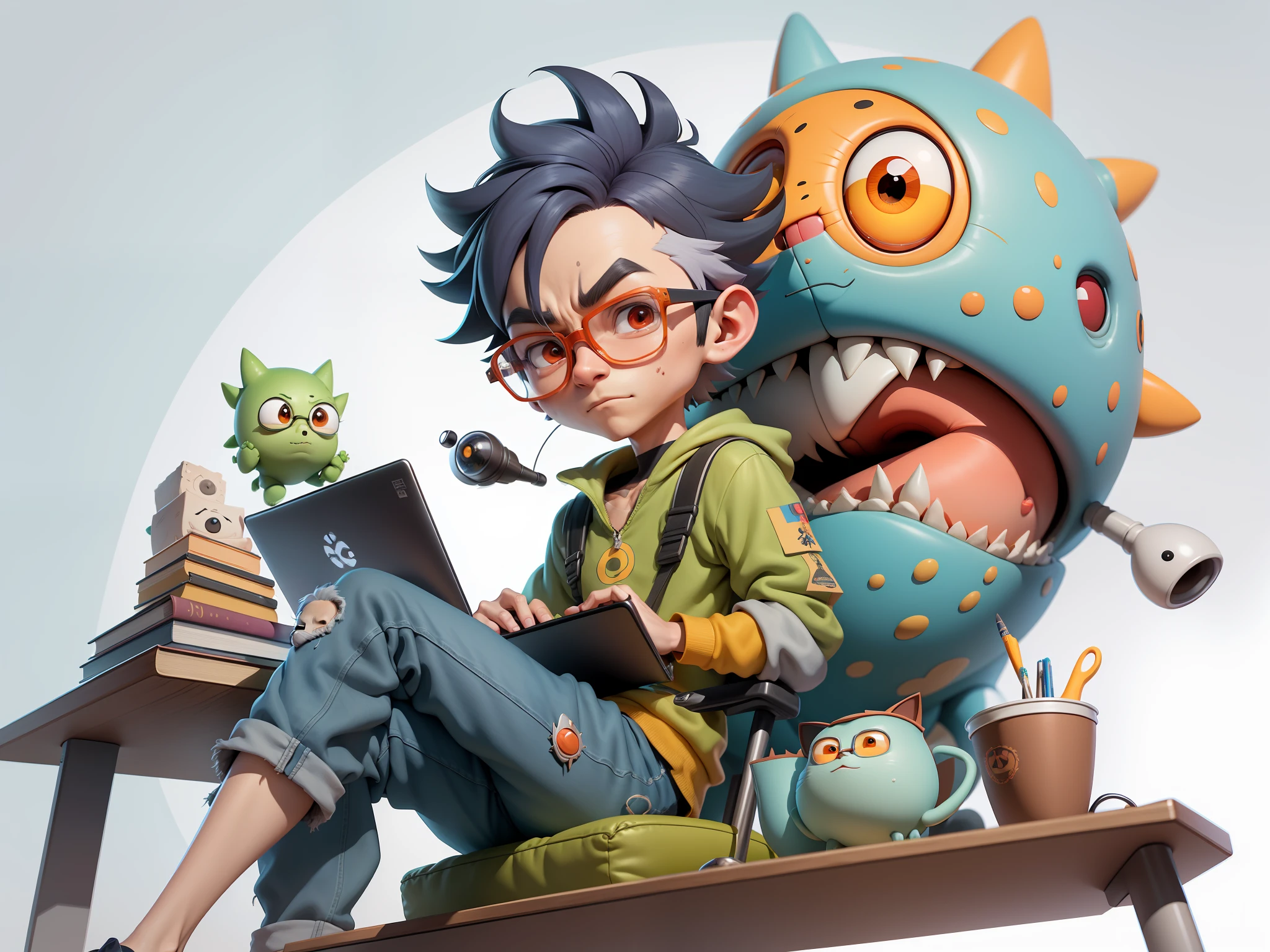 A young man with glasses sits at his desk,holding laptop,digitial painting,3D character design by Mark Clairen and Pixar and Hayao Miyazaki and Akira Toriyama,4K HD illustration,Very detailed facial features and cartoon-style visuals。