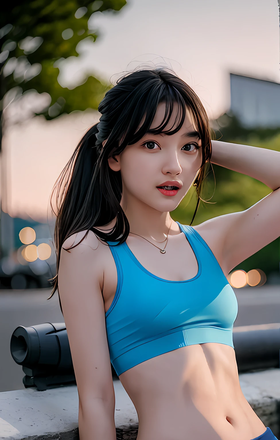 A girl, kneeling on the playground after school, ((full body visible)), far away from viewer.
She is a beautiful, pretty, adorable, cute, young, .
She is slim, slender, petite, skinny, (flat chest), (tiny boobs), (small breasts).
She is sweating, wet, soaked. Clothes transparent, sweat on skin, wet hair.
She is grinning, smiling. She looks natural, relaxed, unpretentious.
Trickery face. Making funny faces. (Tongue sticking out), telling a secret, hiding a secret, shy, excited. 
She stares, looking at viewer.
She has a black ponytail.
She wears school uniform, a rolled-up white shirt with blue collar,(a colored Corduroy sport bra under shirt), blue shorts, wearing two layers. 
shirtlift, . (((She lifts up her shirt, showing off her sports bra underneath))).
Camera focused on her face, light on face, very large aperture, ((f/1.2)), shallow depth-of-field, strong background lens blur,  ISO 3000, auto white balance, 
Extremely detailed, professional lighting, soft light, raw photo, fashion model for uniqlo,
best quality, masterpiece, award-winning photography, huge filesize, 8k, highres,
shot on Sony DSLR.