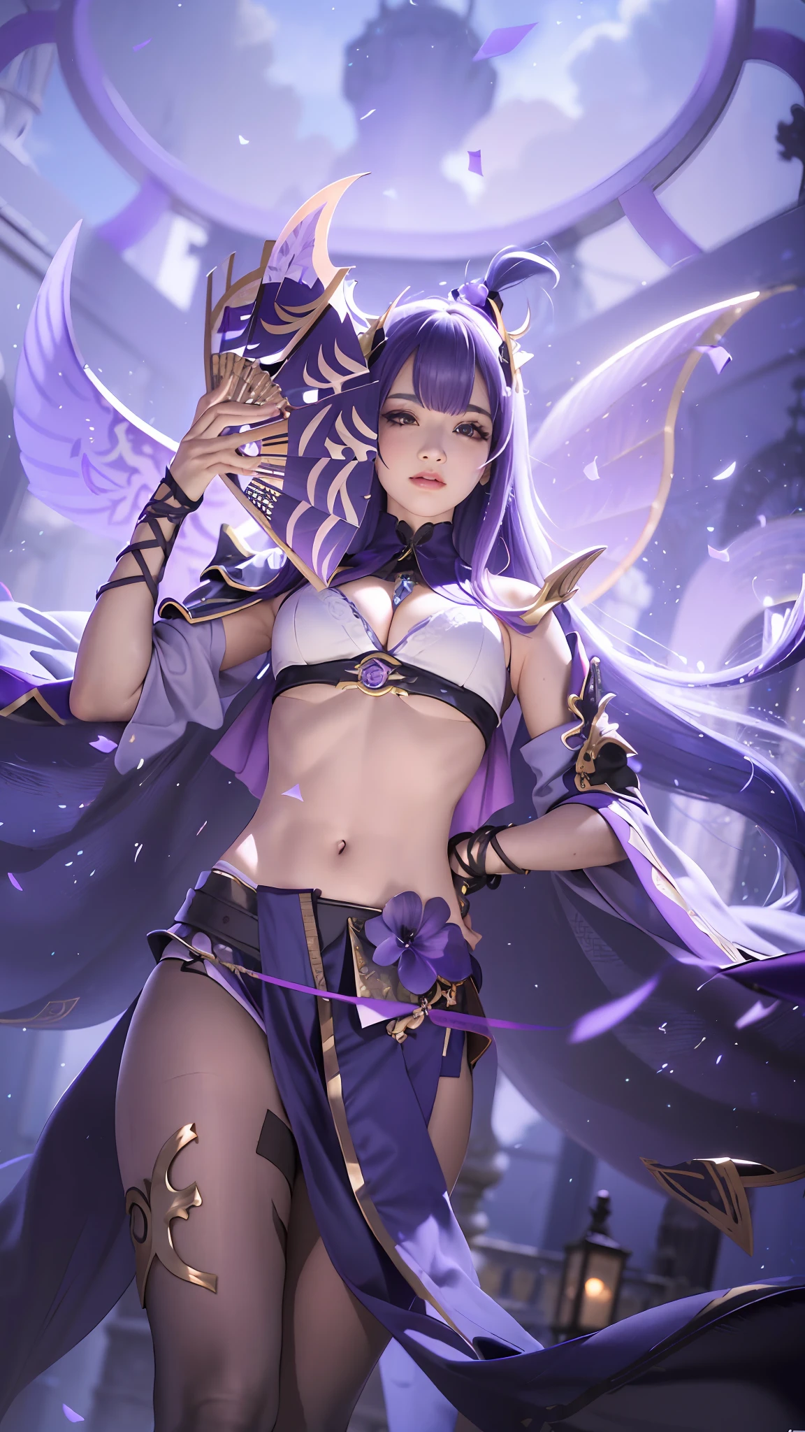 Unreal Engine 5 Realistic Rendering, ((retrato:1.2)), RaidenShogun, roupas detalhadas, roupas brancas, franja contundente, pigtail, (Seios enormes:1.1), clivagem, quimono de manga larga, ornamento de cabelo, Roupas japonesas brancas, (obi vermelho:1.4), (cabelo roxo:1.4), cabelos muito longos, Cabelos lisos, Rosto detalhado, cara fria, (queixo liso:0.85), boca fechada, long eyelashes, sharp eyes, Olhando para o Viewer, Olhos bonitos, Olhos detalhados, sobrancelhas grossas, sombra vermelha, simetria dos olhos, (ULZZANG-6500:0.7), saia, (de baixo:1.1), (Castelo de Quioto:1.4), Figura completa, (Telhado:1.5), (estrela \(heaven\):1.3), photon maping, Physically-based rendering, Foto RAW, Antecedentes altamente detalhados, alta resolução, perspectiva, beautiful face, top body is hyper realistic thicc muscle and hyper largest_seios!! com o tipo de peitos_melons, lower is huge buttocks, corpo brilhante molhado, (((hand fan)))