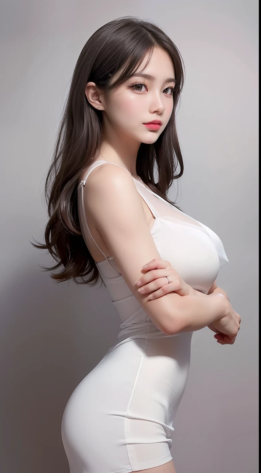 photo of a 18 y.o girl, beautiful vintage color, instagram (photorealistic, high resolution:1.4), ((puffy eyes)), looking at viewer, , full body (8k, RAW photo, best quality, masterpiece:1.2), (realistic, photo-realistic:1.37), (sharp focus:1.2), professional lighting, photon mapping, radiosity, physically-based rendering, (pale skin:1.2), (medium breasts:1.2), looking at viewer, (middle hair:1.5), portrait, purple eyes, (sliver hair:1.1), bangs, (simple background:1.4), solo, upper body, realistic, (masterpiece:1.4), (best quality:1.4), (shiny skin), fashion girl, makeup, smile(skinny, closed mouth,shy:1.3), (sheer sun dresses:1.5513), (standing:1.1), medium bust, sexy pose, {NSFW:1.2},