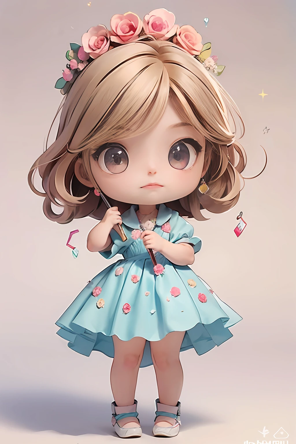 Mulher bonita Chibi , cabelo loiro com rosas Chibi , desenhista Chibi , Chibi desenhando, Chibi com paleta de cores