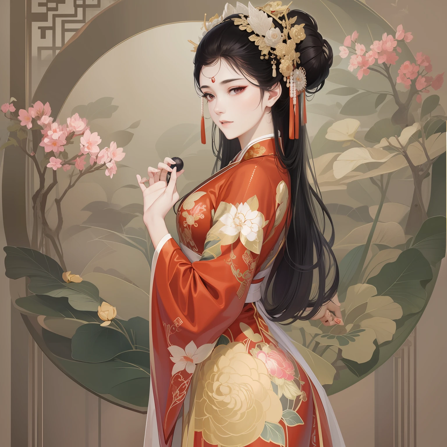 A beautiful girl in ancient China，The facial features are delicate and fair，Cool temperament，Red clothes，Black hair coiled into a bun，Over-ear joystick，Chinese Song Dynasty clothing，Red gold-patterned case-length dress，Long black hair，Hairpins，A half body，Stand under the plum tree，rays of sunshine，Clear face，tmasterpiece，ultra - detailed，Epic composition，high qulity，HighestQuali，The main color is red，Background background simple element。Bust，Back shadow。Invisible hands，No hands。