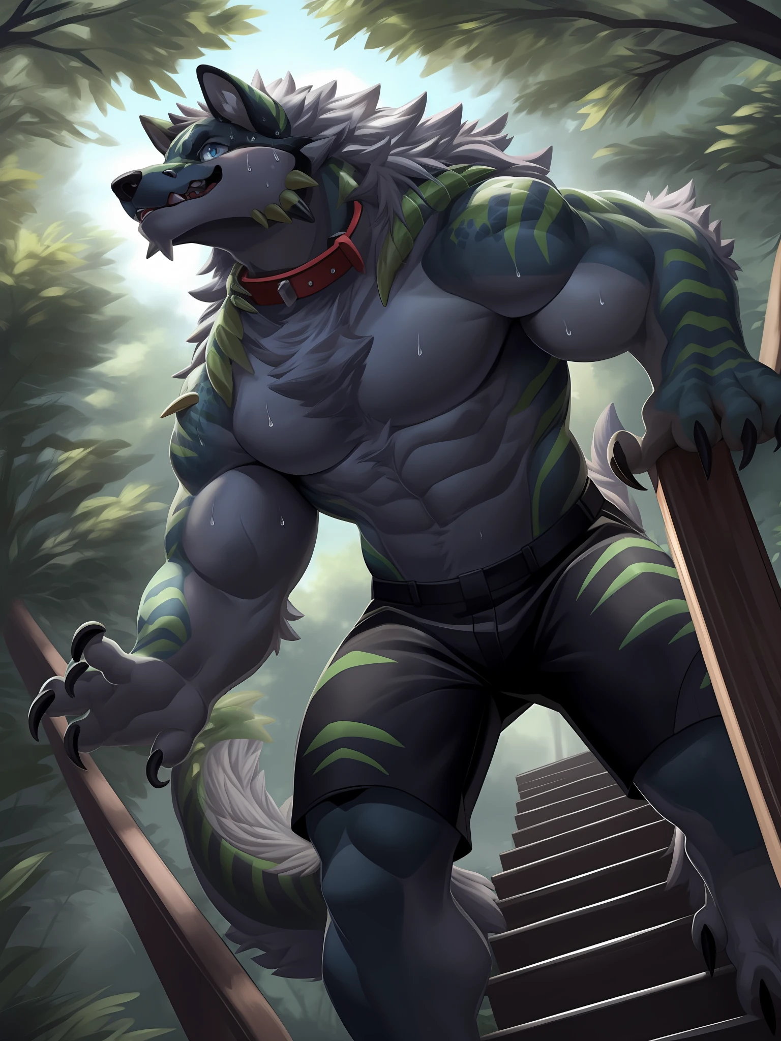 eyes with brightness, in a panoramic view, Character focus ,Full body like,独奏, shaggy, Furry male wolf, Black fur for men, blue color eyes, Gray hair(The long),Bare body,Black shorts(Green stripes),In the forest,Stand on the steps,Handsome, There are lizard tails,Bust,drools,Collar,having fun,Side Body,Reveal cute beast claws,Sweat,sportrait,, dynamic angle,Sharp claws