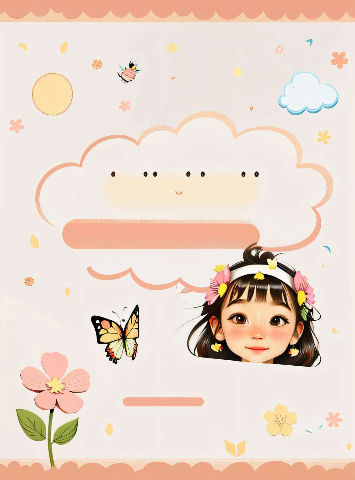 Cute butterfly and flower girl in cartoon style,Clear and cute face,Hand drawn art style clouds,Cute kawaii image,Delicate and cute face,Happy expression,Artistic cover for phone background,Simple and lovely features,falling flower petals。