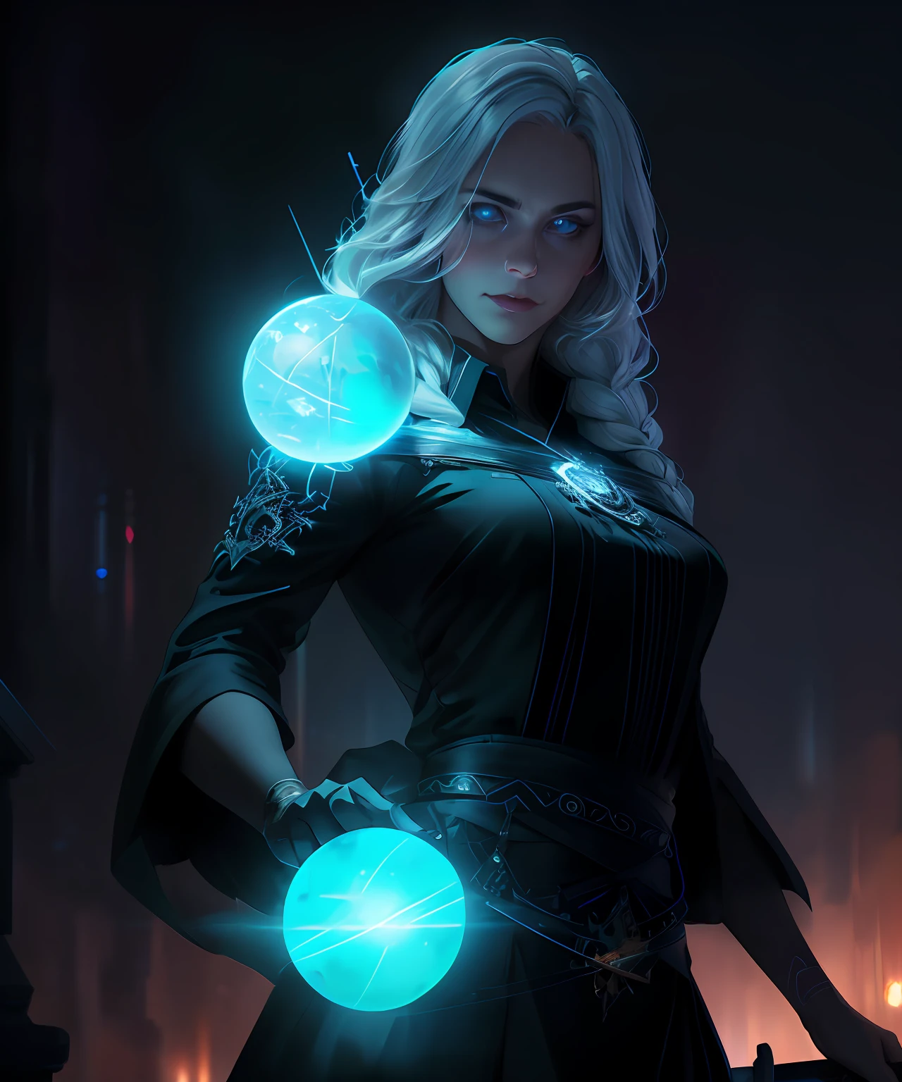 fantasy setting, sharp focus, high quality photo of beautiful nordic mature woman,magician , wearing black clothes with silver tracery, white single braid hair, confident look, rising ((magic staff with shining sphere atop)), glowing runes flying around, jewelry, detailed eyes, low body-fat, cinematic lighting, highly detailed, (matching eyes:1.2), fully body photo, epic pose, night sky background, art by charlie bowater, (Extremely Detailed Oil Painting:1.2), glow effects, godrays, Hand drawn, render, 8k, octane render, cinema 4d, blender, dark, atmospheric 4k ultra detailed, cinematic sensual, Sharp focus, humorous illustration, big depth of field, Masterpiece, colors, 3d octane render, 4k, concept art, trending on artstation, hyperrealistic, Vivid colors, extremely detailed CG unity 8k wallpaper, trending on ArtStation, trending on CGSociety, Intricate, High Detail, dramatic