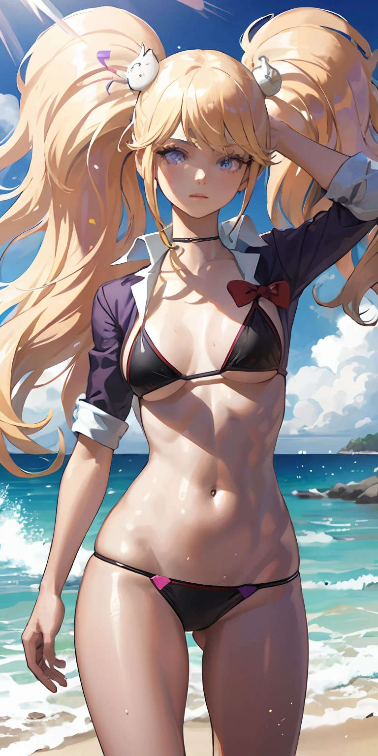 realistic, 1girl, blonde hair, purple eyes, bikini, beach, light particles, light rays, wallpaper,