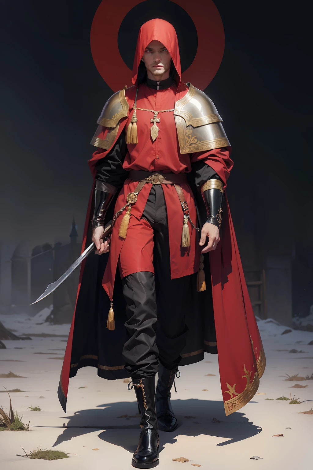 realista, Homem, meia idade, cabelo preto curto, Manto medieval vermelho escuro, Armadura medieval dourada, Pants, corpo todo, fundo branco
