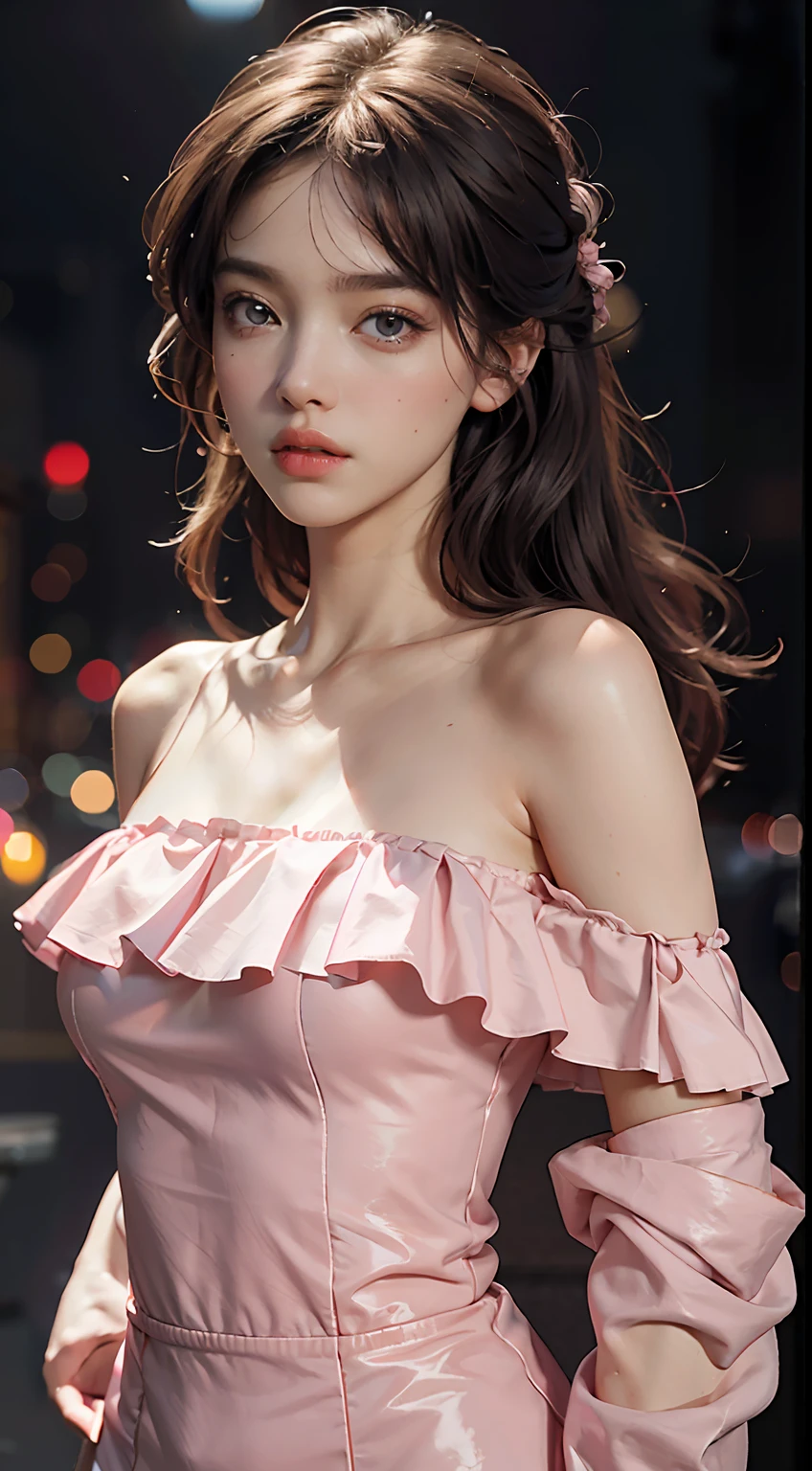 Best Quality, Masterpiece, Ultra High Resolution, (Realisticity: 1.4), Original Photo, 1girl, Pink Off-the-Shoulder, Cinematic Lighting