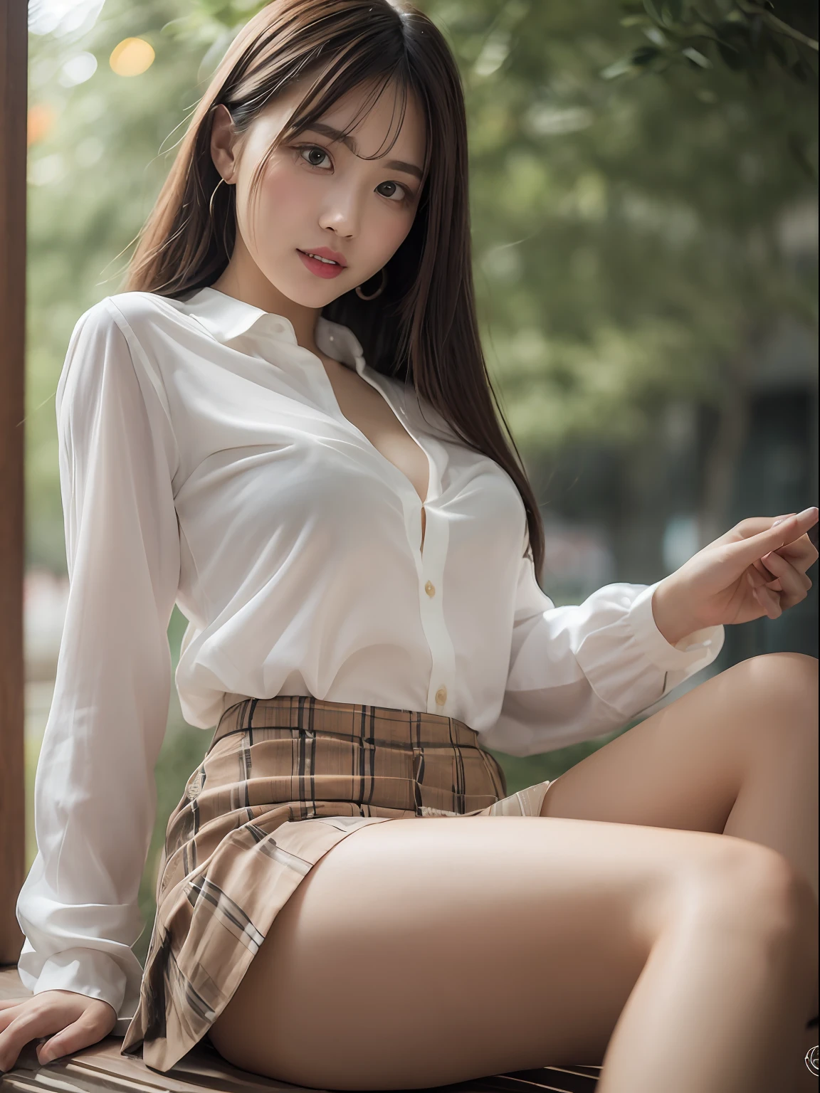 (top-quality、8K、32K、masterpiece、nffsw:1.2)、Photo of a cute Japanese woman、Very detailed 8k wallpaper、top-quality、ultra-detailliert、masterpiece、realisitic、Photo Real、extremely detailed cute girl、20yr old、(skirt rift)、((skirt lift by yourself))、white panty、panties focus、red blush、cparted lips、looking at the viewers、wearing a shirts、Dull front、a park、a baby face、no-bra、Bright lighting、White underwear、