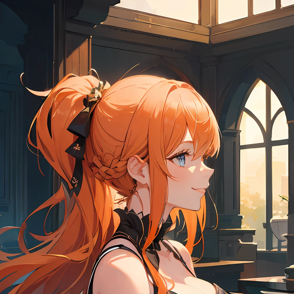 (masterpiece, best quality), 1 mature female, cleavage, (light orange hair, long hair hair), sharp light blue eyes, detailed face, closed mouth, smile, standing, (large breast), seductive smile, arms down, charming face, (40 year old face), (white background)