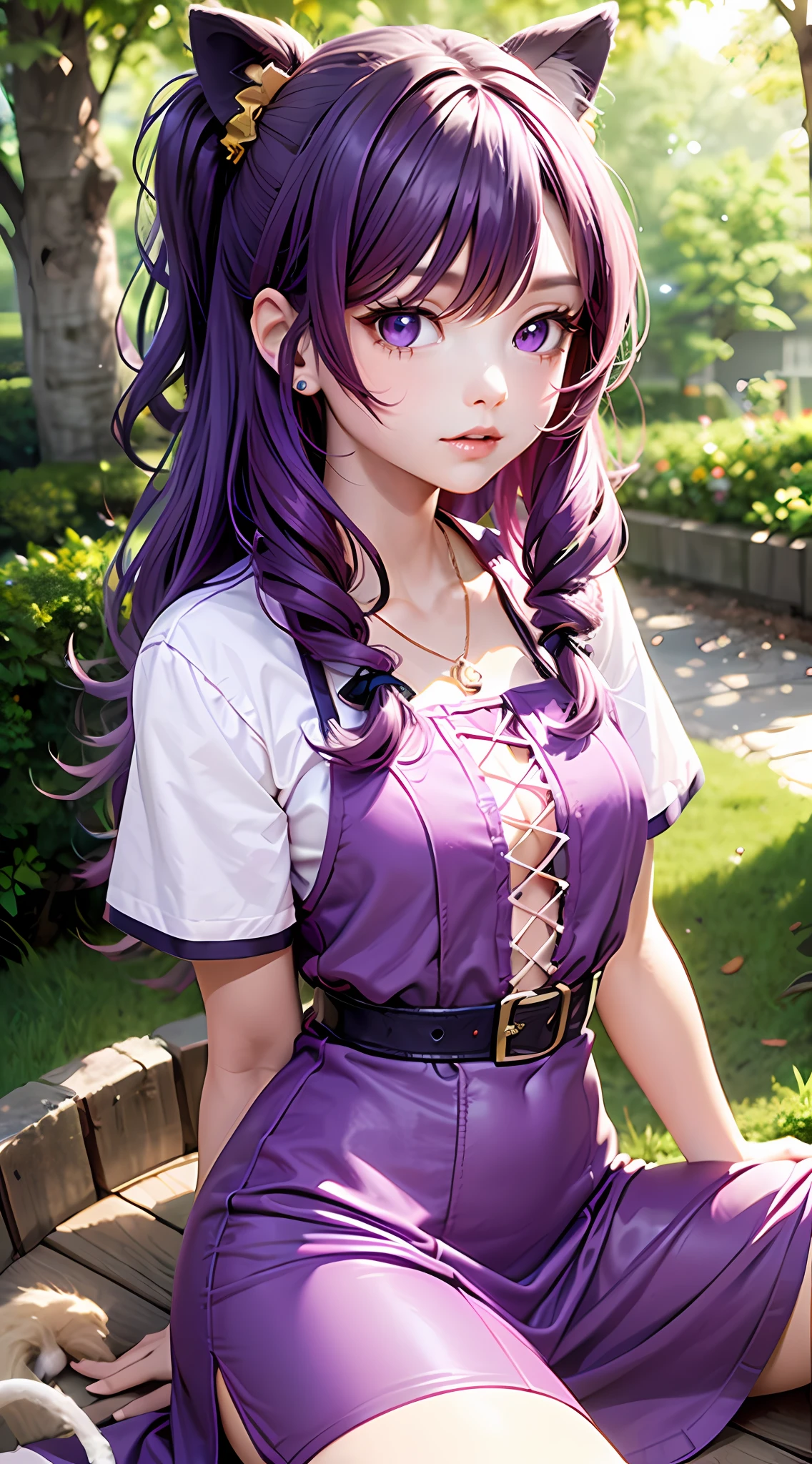 the Lion_Faria, Purple hair, Purple eyes, 1girll, Solo, double tails, hair scrunchie, Purple dress, Short sleeves