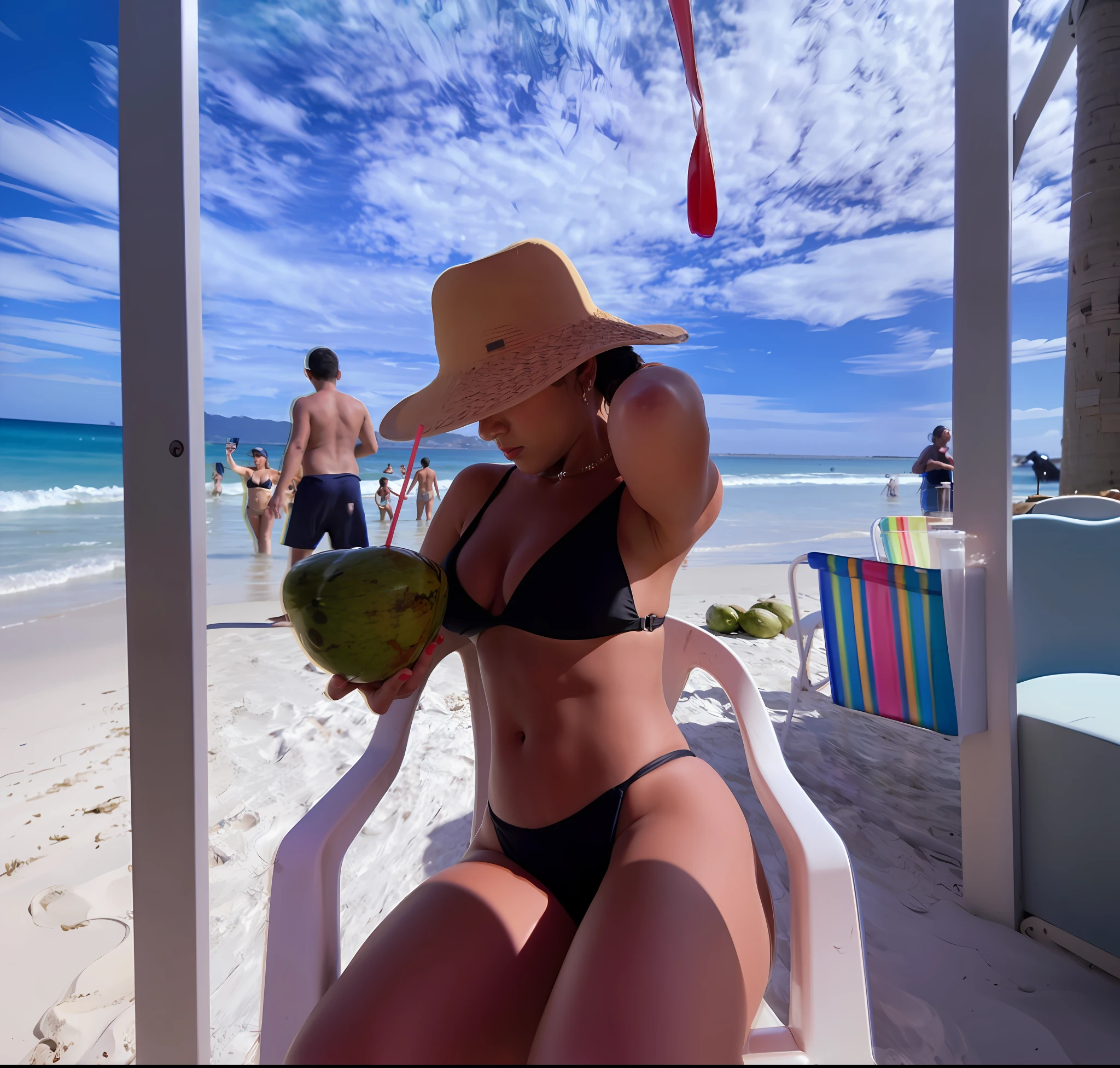 Woman in bikini and hat drinking a coconut drink on the beach, with straw hat, na praia, em uma praia tropical, Mulher de 30 anos de Cuba, with hat, Olivia de Bernardinis, brasileiro, fernanda suarez, posando em uma praia com o oceano, Malika Favre, in a bikini, imagem de perfil, na praia