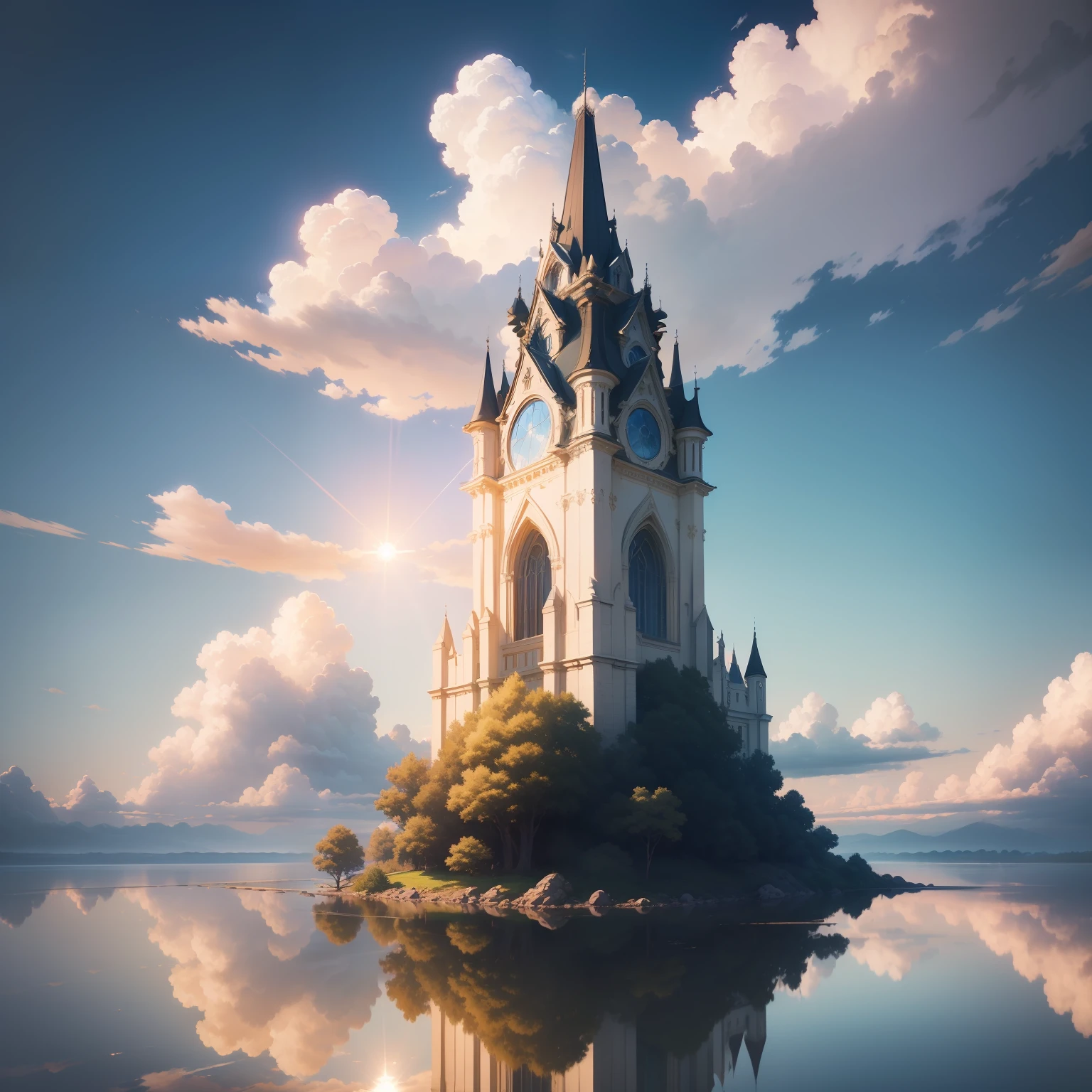 masterpiece, top-quality, (extremely detailed CG unified 8k wallpaper) (top-quality), (The best illustrations), (best shade)、Super Meticulous, blue-sky、Variety of clouds、Wonderfully beautiful、nostalgic、Looking up at the sky、Reflection of the Sun、Landscape only