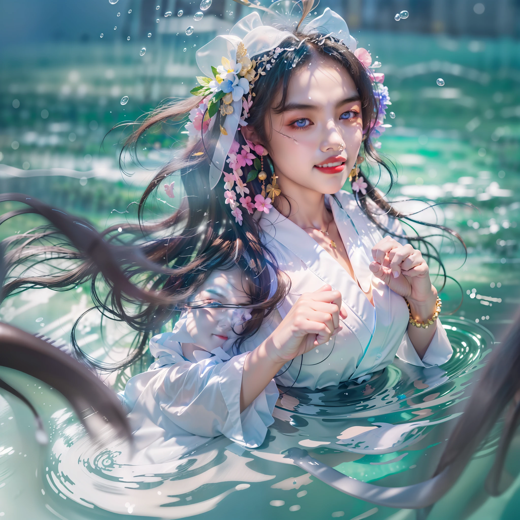 (Masterpiece, side-lighting, fine detailed beautiful eyes: 1.2), Masterpiece*Portrait, Realistic, 3D face, Glossy glossy skin, Solo, 1girll, Water in hand, Multicolored eyes, Lshadow, Black straight hair, Purple eyes, eyeslashes, Blurry, Upper body, Dreamy (1girll, Solo, Looking_at_peeping at the viewer, Smile,bangs,jewelry, Earrings,water,White kimono,shairband,Beautiful detailed sky, Splashing water,Sunlight,(instillation), ( pool), droplets), (Depth of field),(looks away), Delicate eyes,Sea,Dynamic_Angle, Clear background