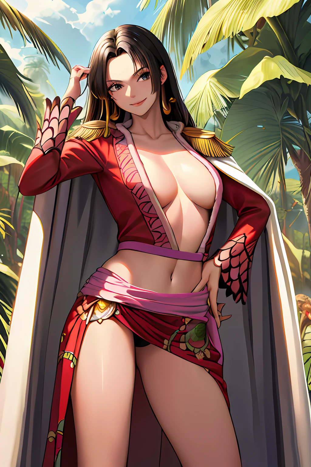 Masterpiece, Top quality, A high resolution, Han Cook, (((1 girl)), boa hancock, Big, Long hair, epaulette, Cape, Crop top, Positive vent,with no underpants， Bare chest，no brassiere，Cowboy shot, standing, Smile, jungles, (((Black hair)),(Kizi)),  (Kizi)), (Fair-skinned woman)))