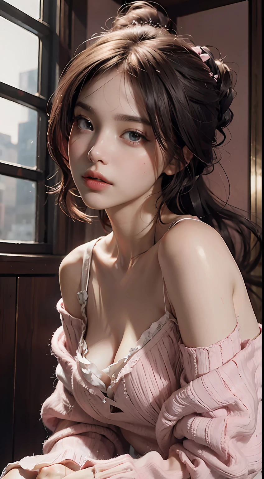 Best Quality, Masterpiece, Ultra High Resolution, (Realisticity: 1.4), Original Photo, 1girl, Pink Off-the-Shoulder, Cinematic Lighting