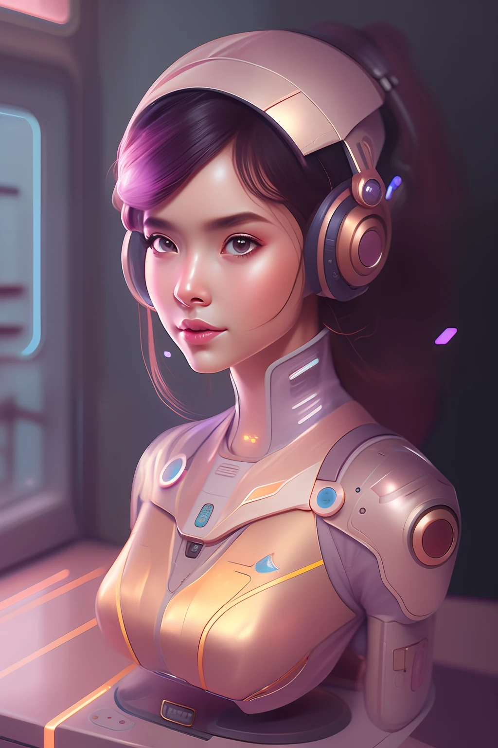 There's a woman in a futuristic suit with headphones, inspirado em Marek Okon, menina ciborgue bonito, Ross Tran 8 K, retrato bonito sci - fi girl, menina bonita ciborgue, 3 d render arte do caractere 8 k, menina android perfeita, Wojtek FUS, bela arte digital, portrait anime space cadet girl, arte conceitual digital suave