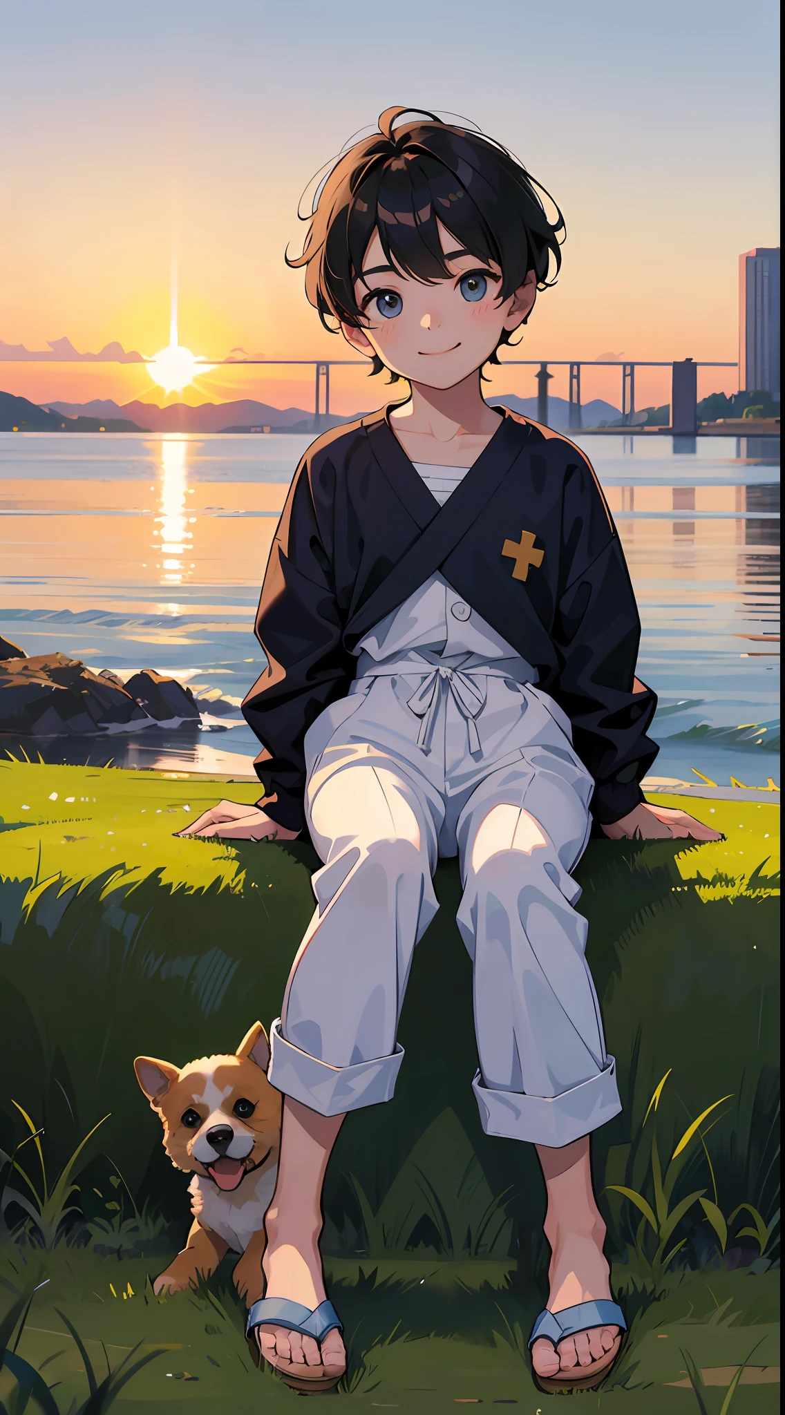 A happy little boy,Dressed in casual attire,Wear slippers,Sit on grass,The background is the cross-sea bridge,There is a cute little dog next to it,Sunset and sunset,Face the camera,Full body photo,Ultra-high definition