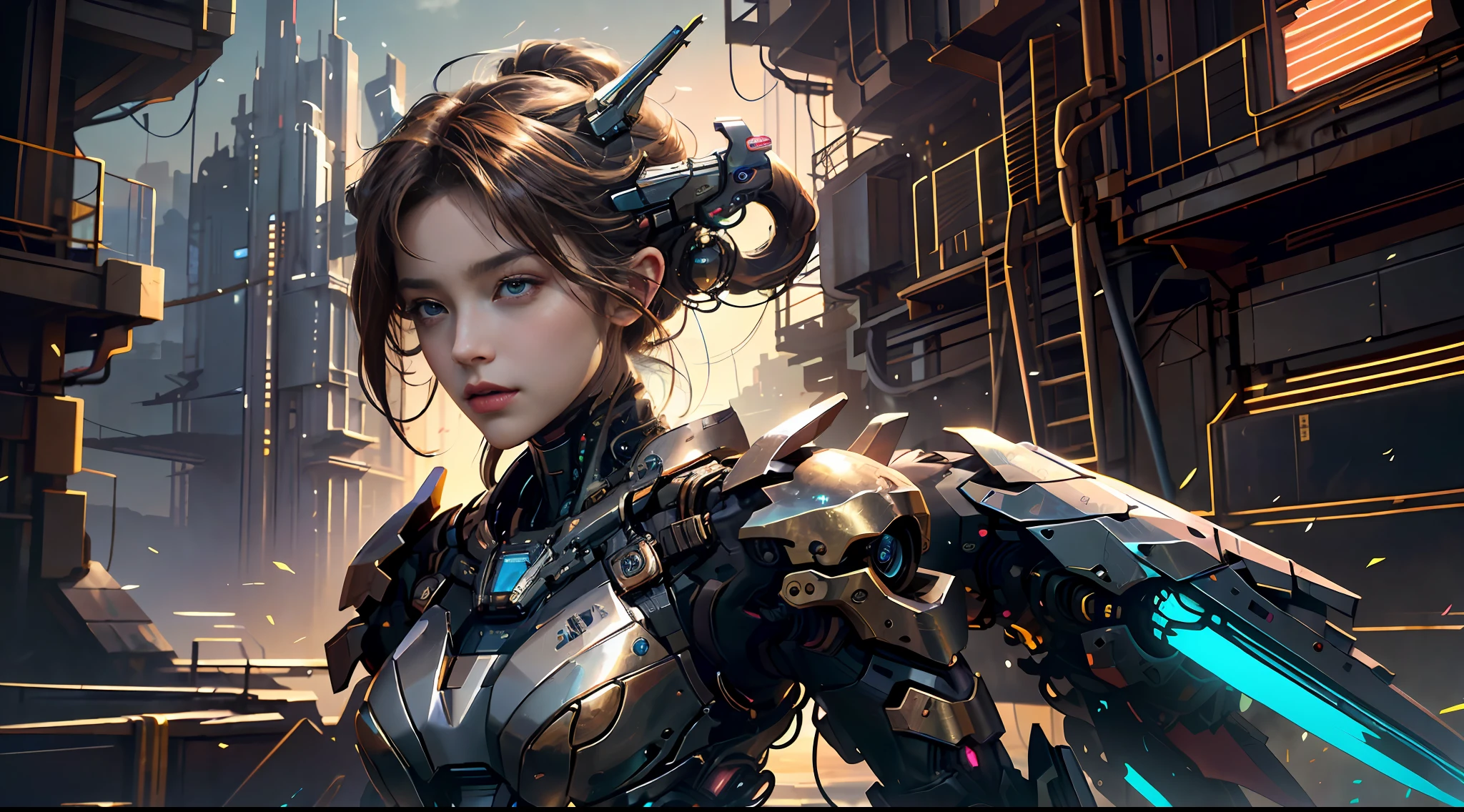 tmasterpiece,top-quality,best qualityer,offcial art,Beauty and aesthetics:1.2),(tmasterpiece:1.3), (8K, realisticlying, RAW photos, best qualtiy: 1.4), beauitful face, (photorealiscic face),超高分辨率, Ultra photo realsisim, highly detailed, the golden ratio, (Award-winning digital artwork:1.3) af (sketching:1.3),(with dynamism:1.3),(Saturation:1.3),(Close portrait:1.3),illusory engine, (High detail: 1.9),(femele:1.4),(big breasts beautiful: 1.4),(carismatic:1.3),Girl in futuristic suit holding weapon,In front of the city of gunsmoke,Gunsmoke Street,battlefiled, Real women,Real face,cute female child, The perfect cyborg girl, Beautiful female ,beautiful girl cyborg,robotic hand,CG,4K,dramatics,Large breasts,the night,cyber punk perssonage,the night,dramatics