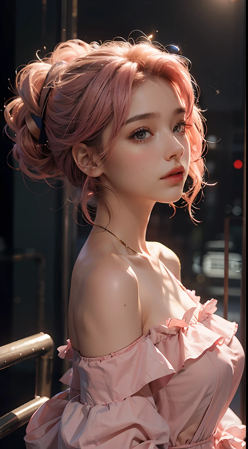 Best Quality, Masterpiece, Ultra High Resolution, (Realisticity: 1.4), Original Photo, 1girl, Pink Off-the-Shoulder, Cinematic Lighting