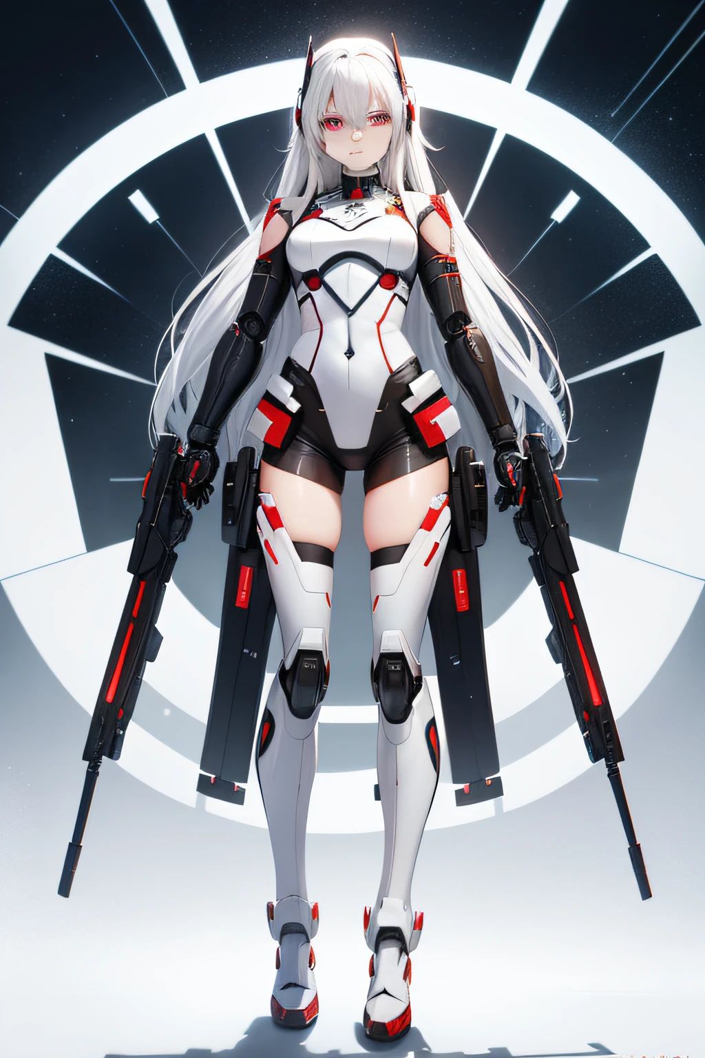 Science fiction girl，Equipped with sci-fi guns，Wearing a white sci-fi costume，long  white hair，red color eyes，Rebellious personality，Bad laughs，Exudes evil，Mecha exoskeleton，Earphone，Three View，Different movements and expressions