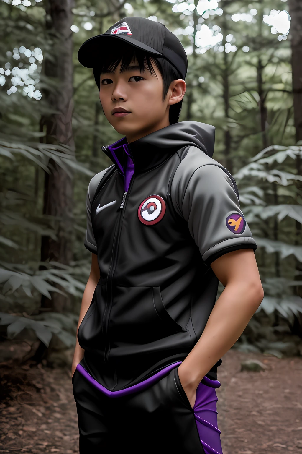 RAW photo, (closeup:1.2), portrait photo of teen japanese boy, ((dark gray, black, & deep purple pokemon trainer outfit)), pokemon gym, action pose, natural skin,  8k uhd, high quality, film grain, Fujifilm XT3