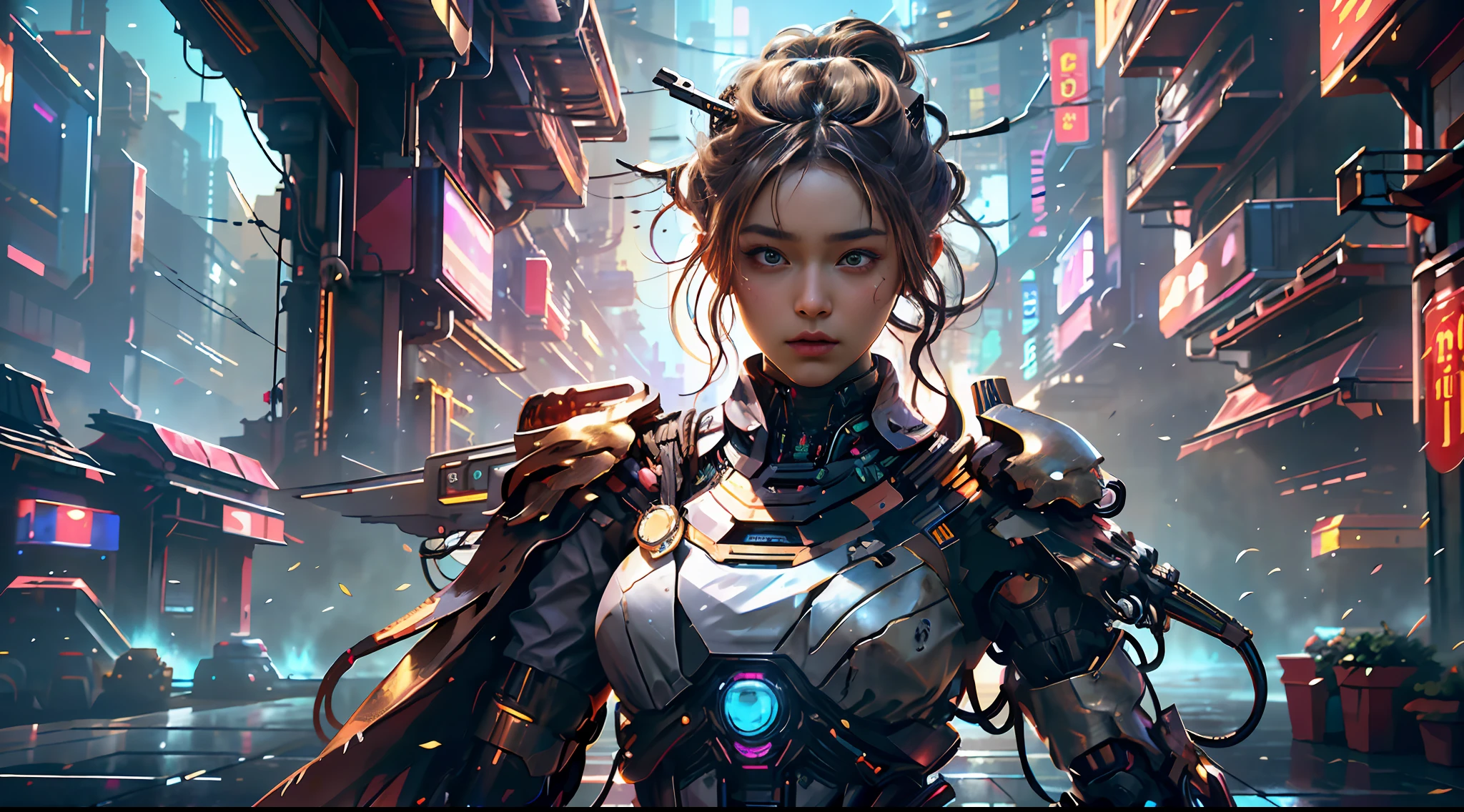 tmasterpiece，top-quality，best qualityer，offcial art，Beauty and aesthetics：1.2），（tmasterpiece：1.3）， （8K， realisticlying， RAW photos， best qualtiy： 1.4）， beauitful face， （photorealiscic face），超高分辨率， Ultra photo realsisim， highly  detailed， the golden ratio， （Award-winning digital artwork：1.3） af （sketching：1.3），（with dynamism：1.3），（Saturation：1.3），（Close portrait：1.3），illusory engine， (High detail: 1.9)，（femele：1.4），（big breasts beautiful： 1.4),(carismatic:1.3)，Girl in futuristic suit holding weapon，In front of the city of gunsmoke，Gunsmoke Street，battlefiled， Real women，Real face，cute female child， The perfect cyborg girl， Beautiful female ，beautiful girl cyborg，robotic hand，CG，4K,dramatics，Large breasts，the night，cyber punk perssonage，the night，dramatics
