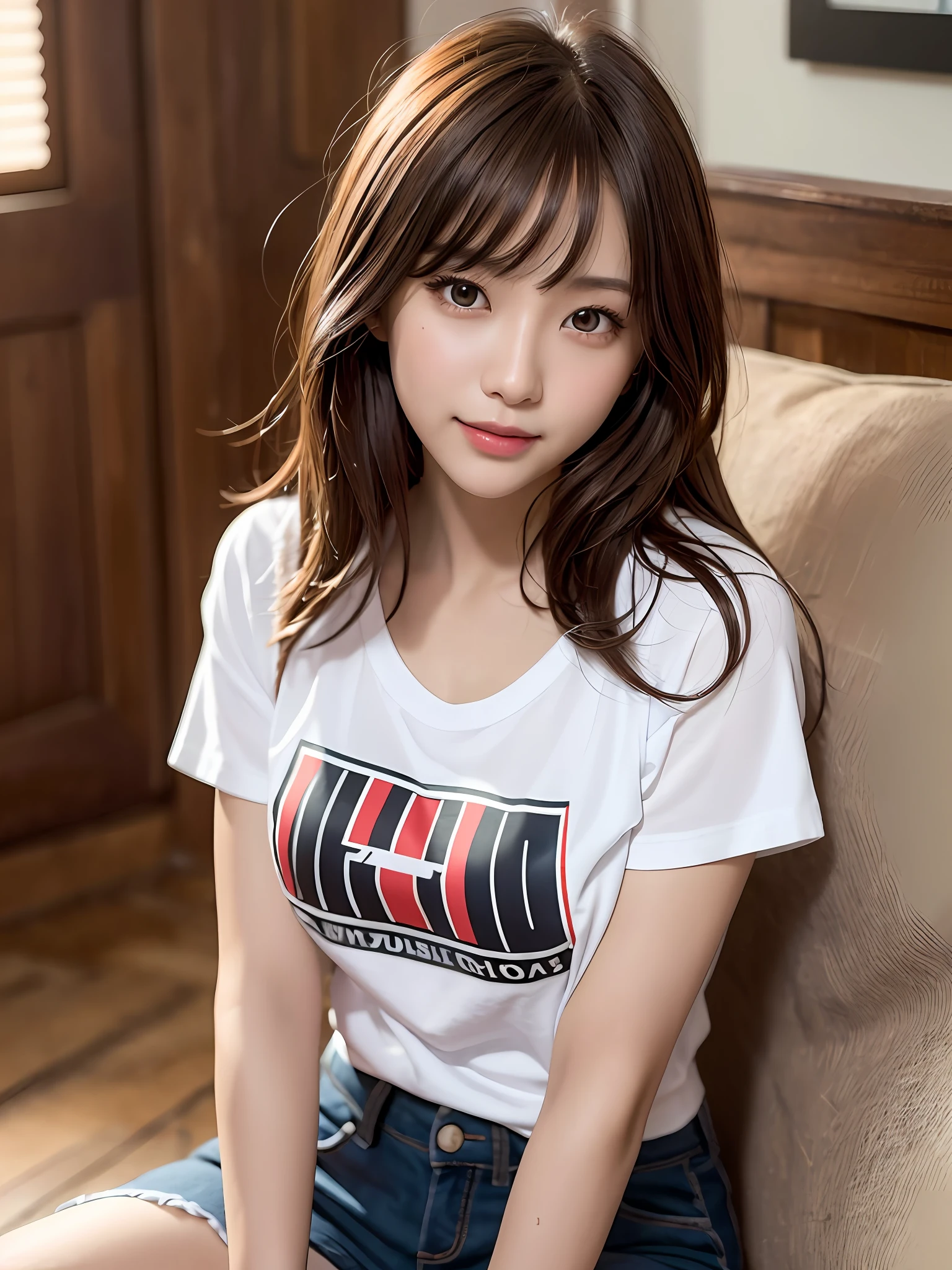 product quality, 1 girl per 1 photo, cowboy shot, front view, a Japanese young pretty girl, long bob hair, wearing a marriage ring, wearing a short sleeves T-shirt with a graphic printed, wearing short pants, sitting on a sofa with a big smile in her room, hyper cute face, glossy lips, double eyelids for both eyes, natural makeup, shiny smooth light brown hair of long bob hair, asymmetrical bangs, tanned skin, central image, 8K resolution, high detail, detailed hairstyle, detailed face, cinematic lighting, octane rendering, hyper realistic, perfect limbs, perfect anatomy