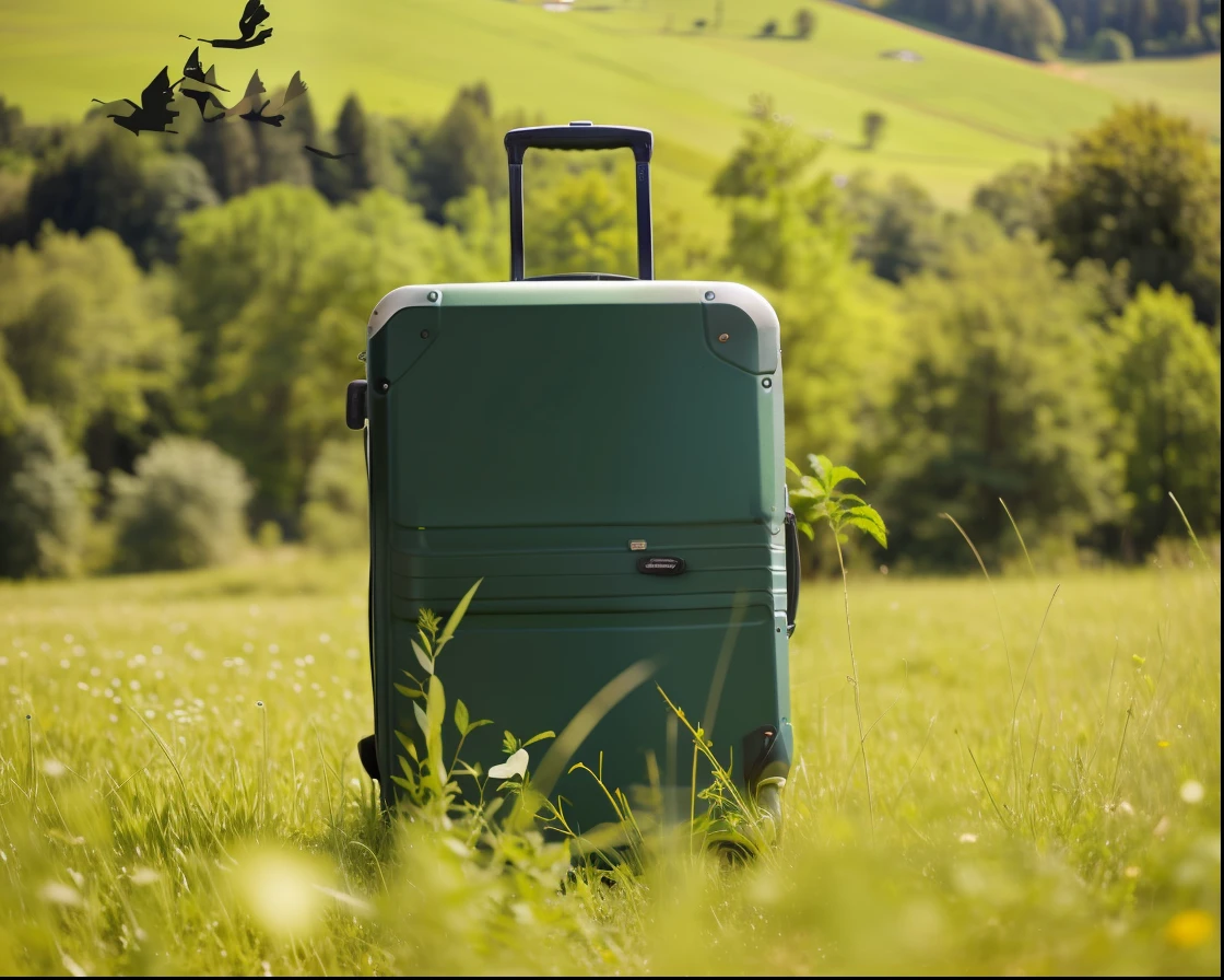 In the middle of the field lies a suitcase, in a large grassy green field, technology and nature in harmony,  placed in a lush forest